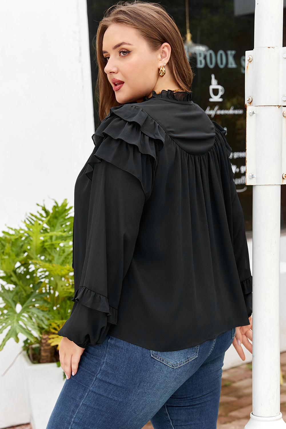 Black Ruffle Sleeve Chiffon Size Shirt
