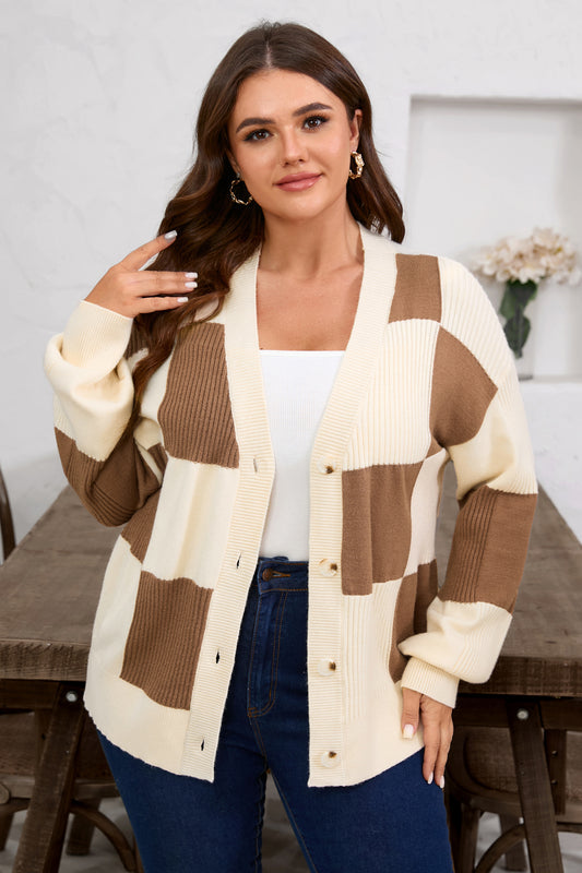 Checkered Ribbed Plus Size Cardigan