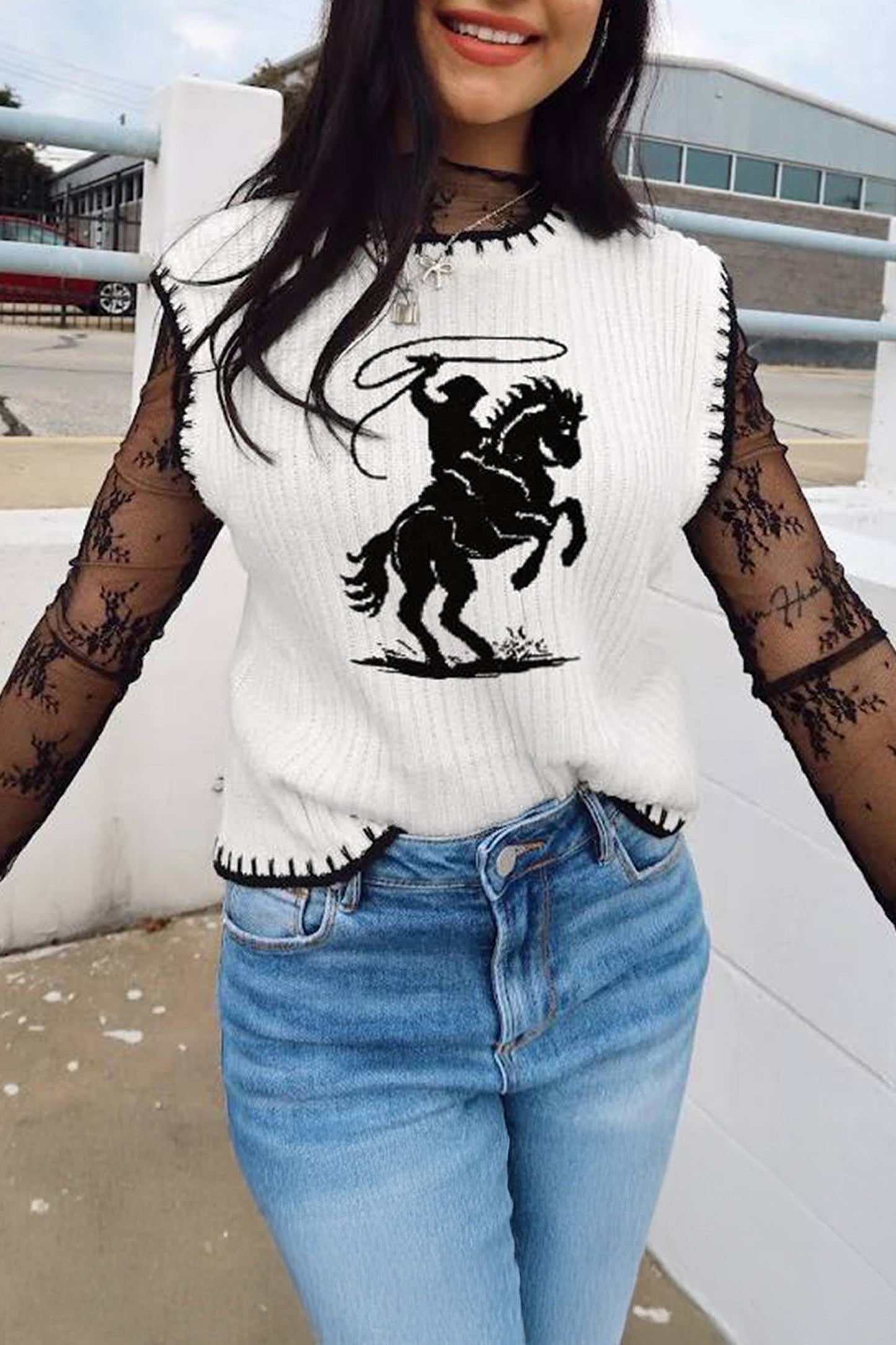 White Contrast Rodeo Sweater Vest