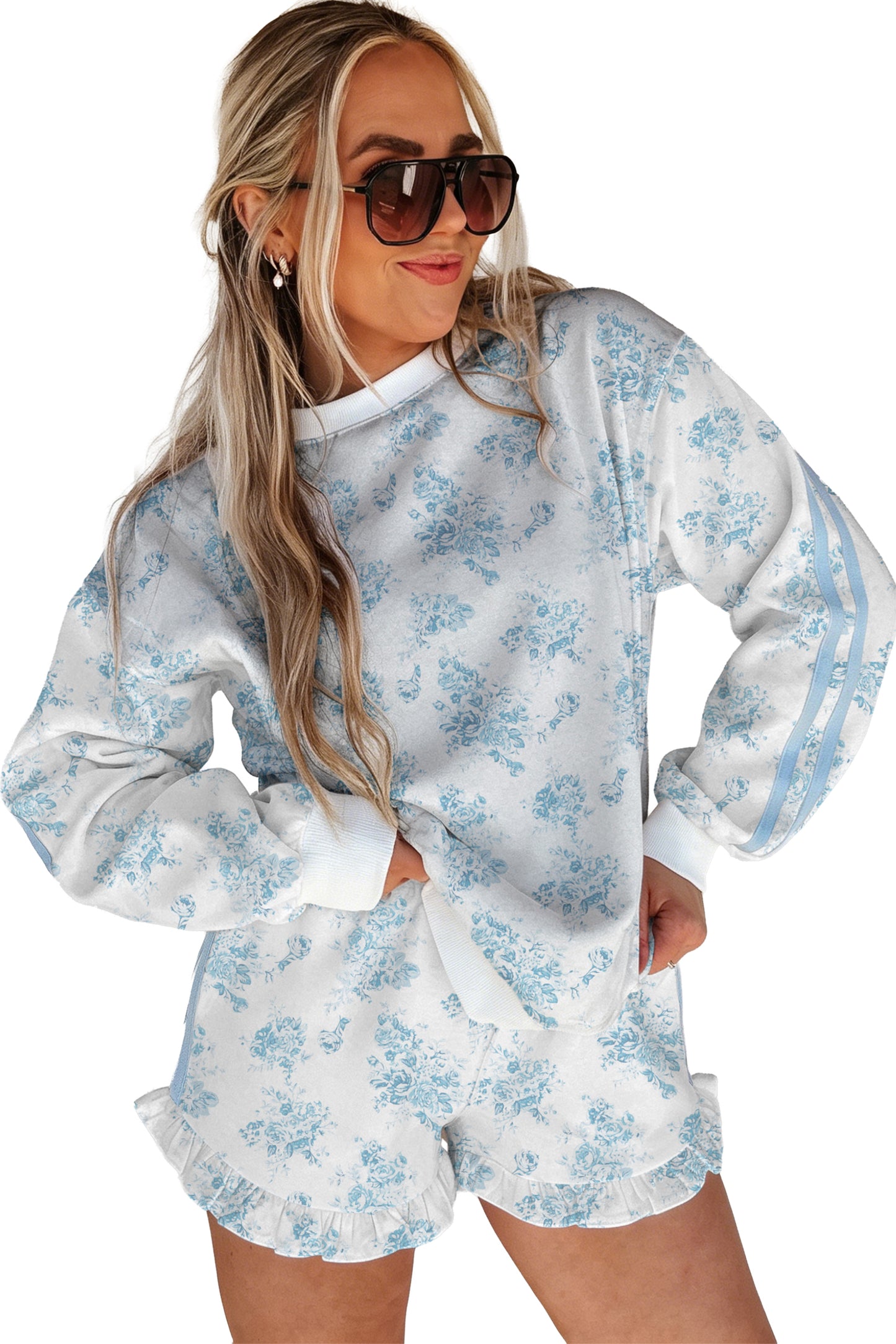 Blue Floral Print 2pcs Set