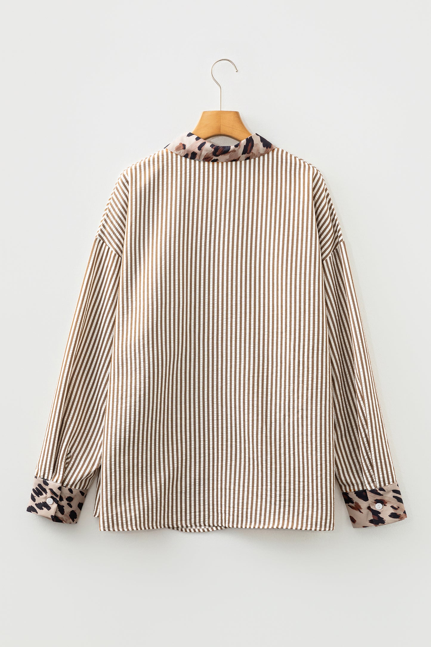 Brown Stripe Leopard Patched Collared Plus Size Shirt