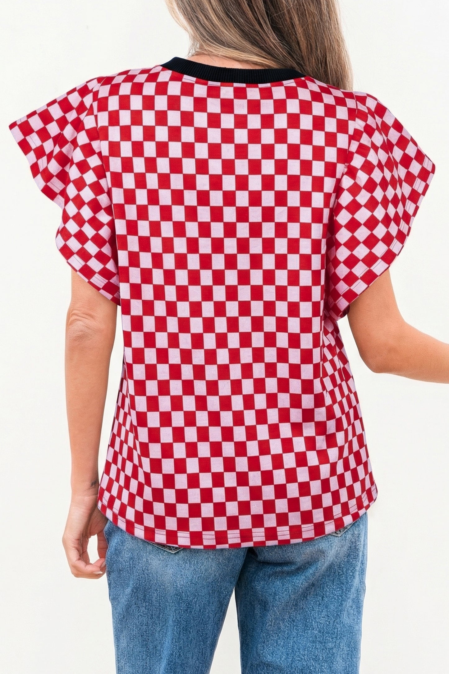 Red Checkered Ruffle Sleeve Top