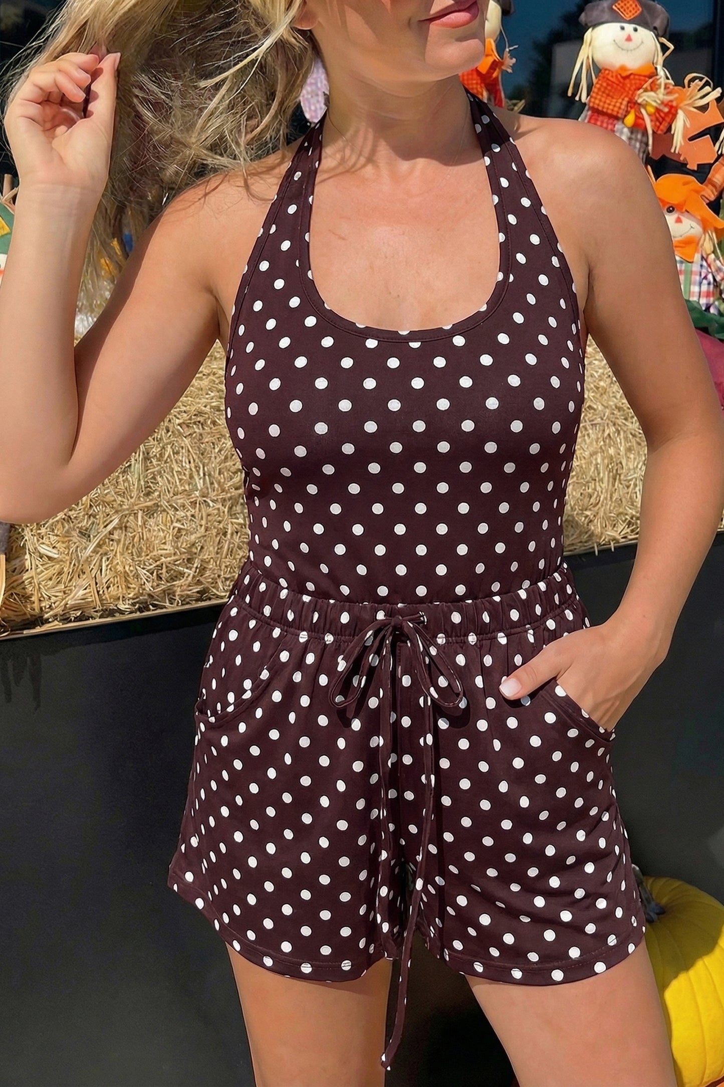 Brown Polka Dot Halter Short Set