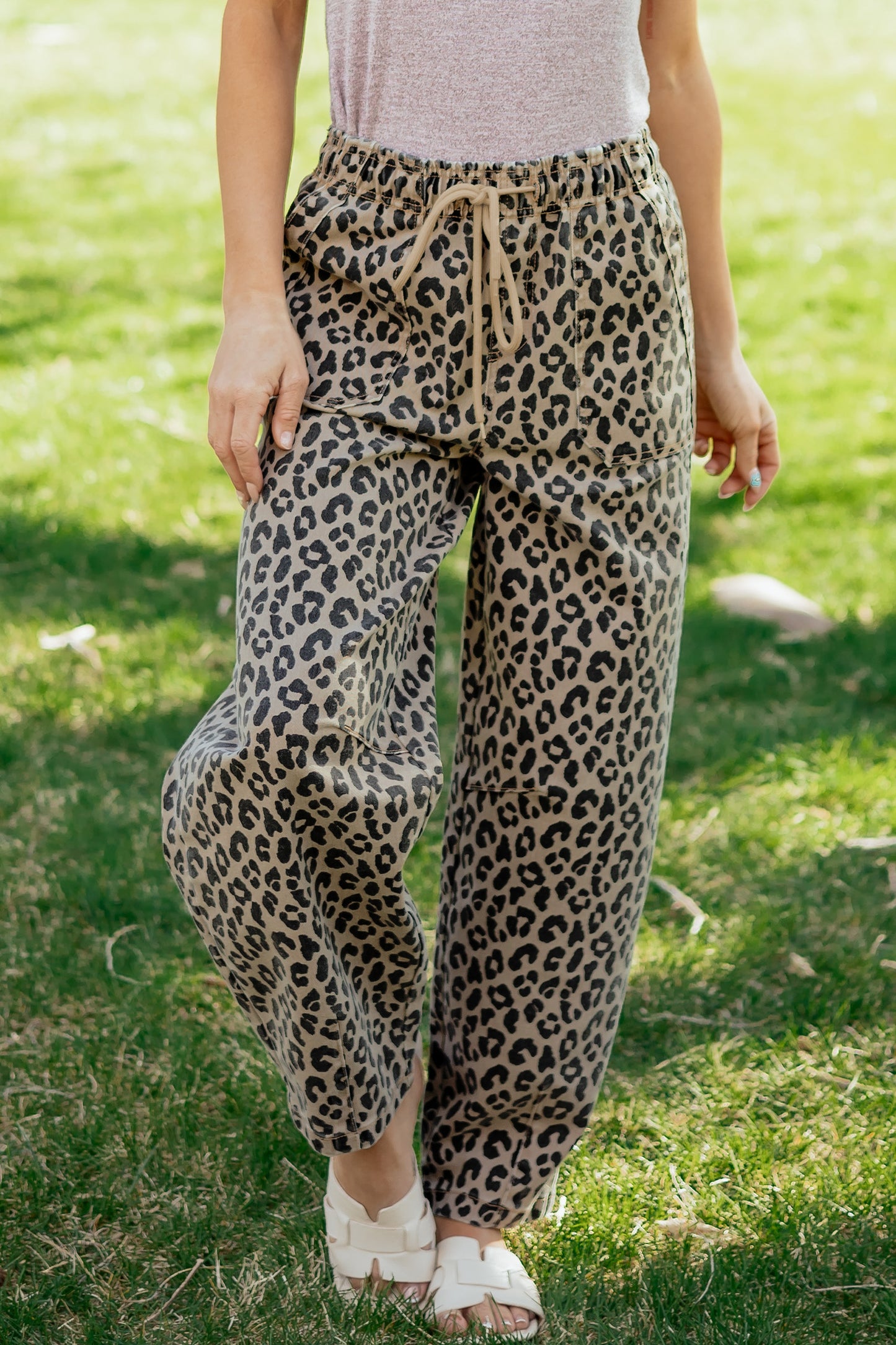 Leopard Print Drawstring Loose Denim Pants