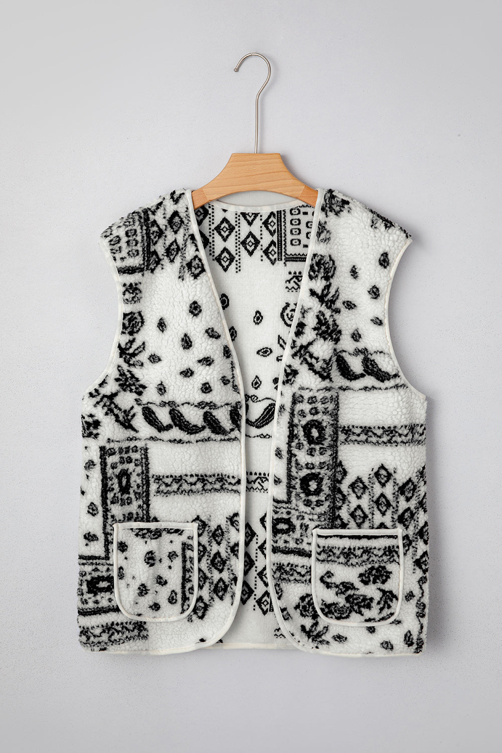 Beige Sherpa Paisley Print Pocketed Western Fashion Vest Jacket