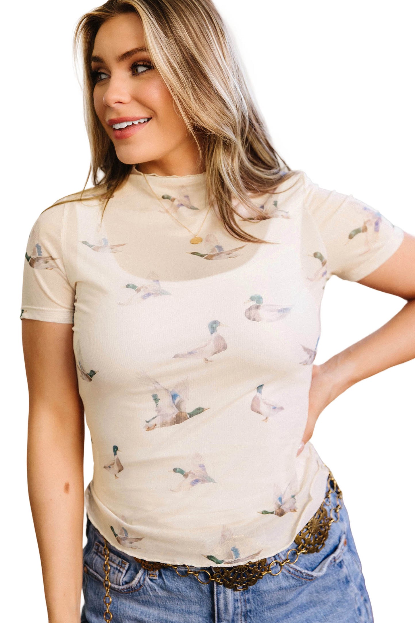 Beige Mallard Sheer Mesh Short Sleeve Top