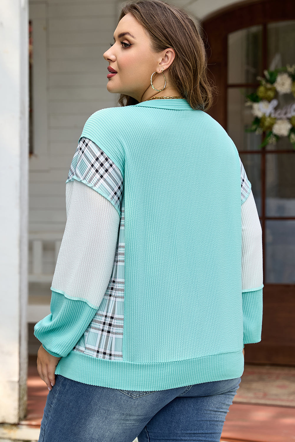 Blue Patchwork Plus Size Long Sleeve Top