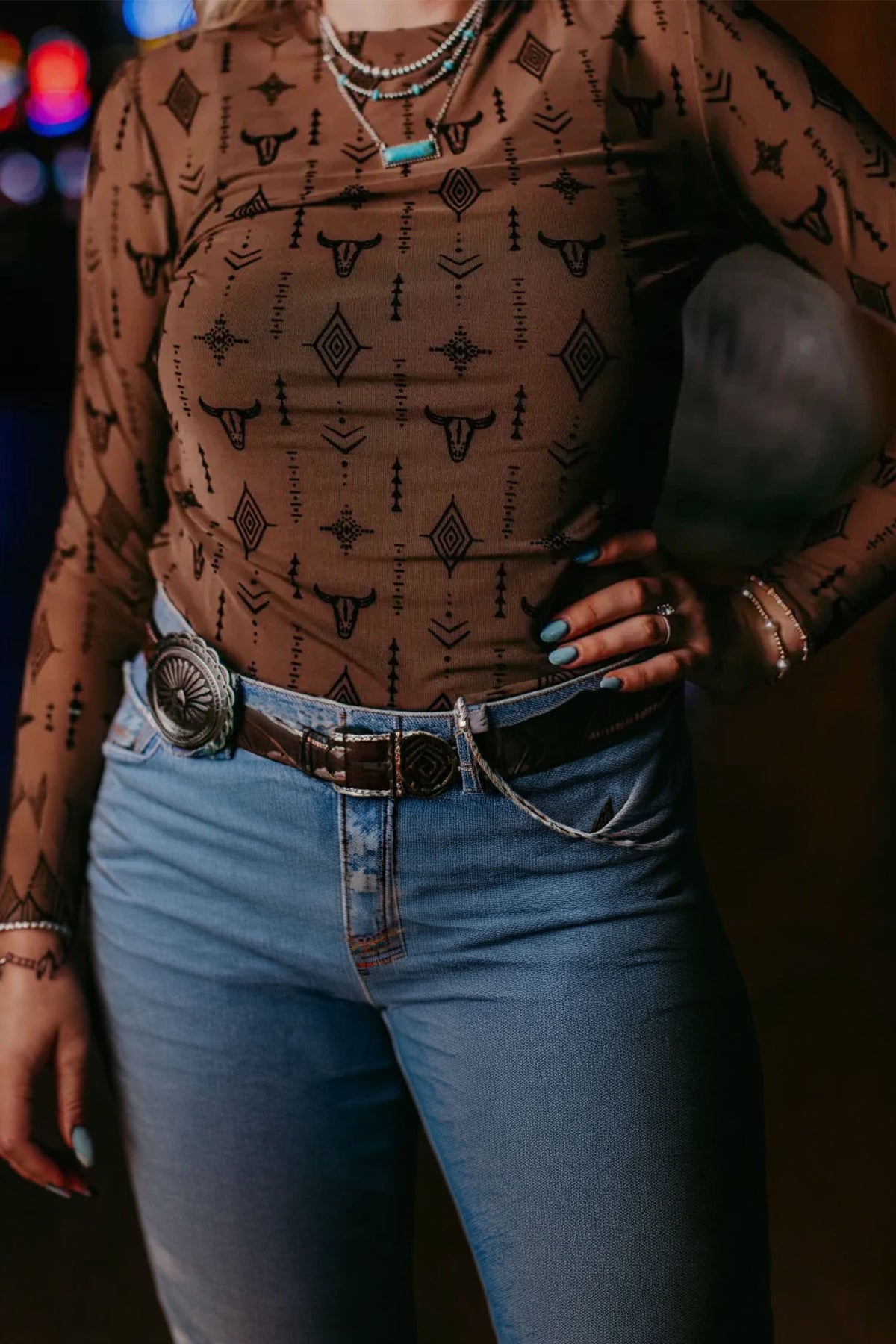 Chestnut Retro Western Print Sheath Top