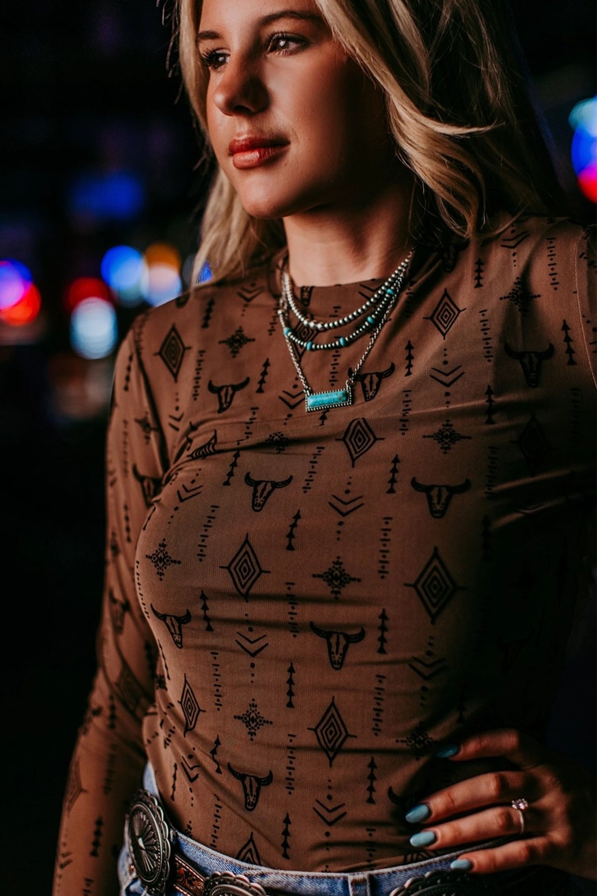 Chestnut Retro Western Print Sheath Top