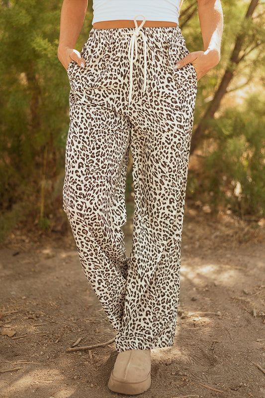 Brown Leopard Drawstring Pants