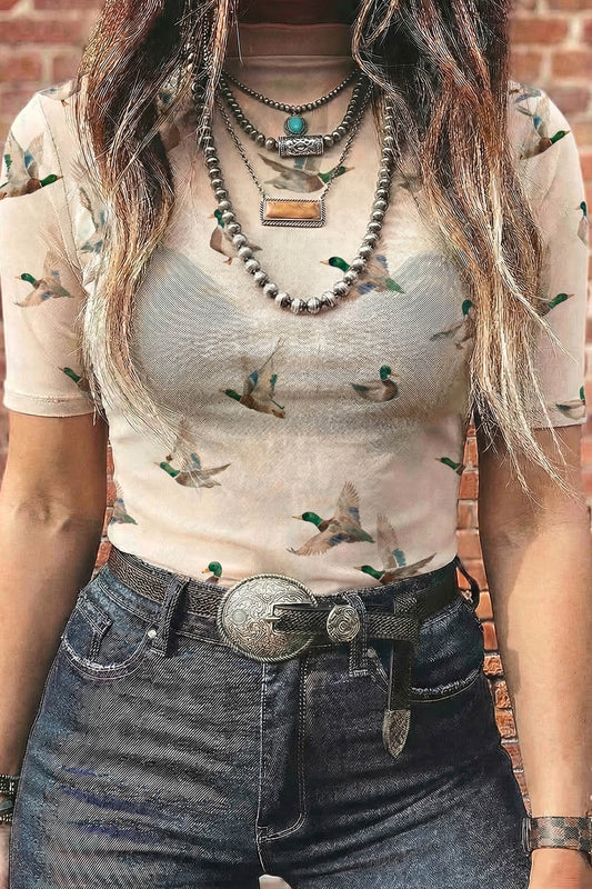 Beige Mallard Sheer Mesh Short Sleeve Top
