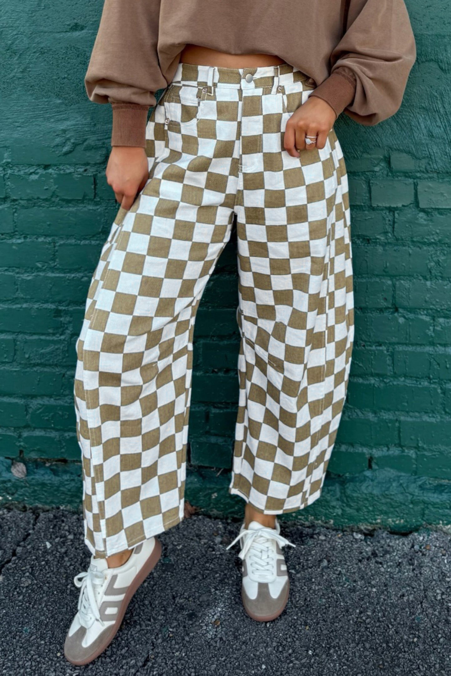 Tan Checkered Print Denim Barrel Pants