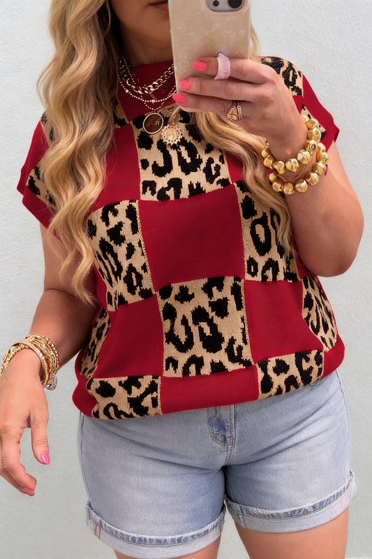 Red Plus Leopard Short Sleeve Sweater