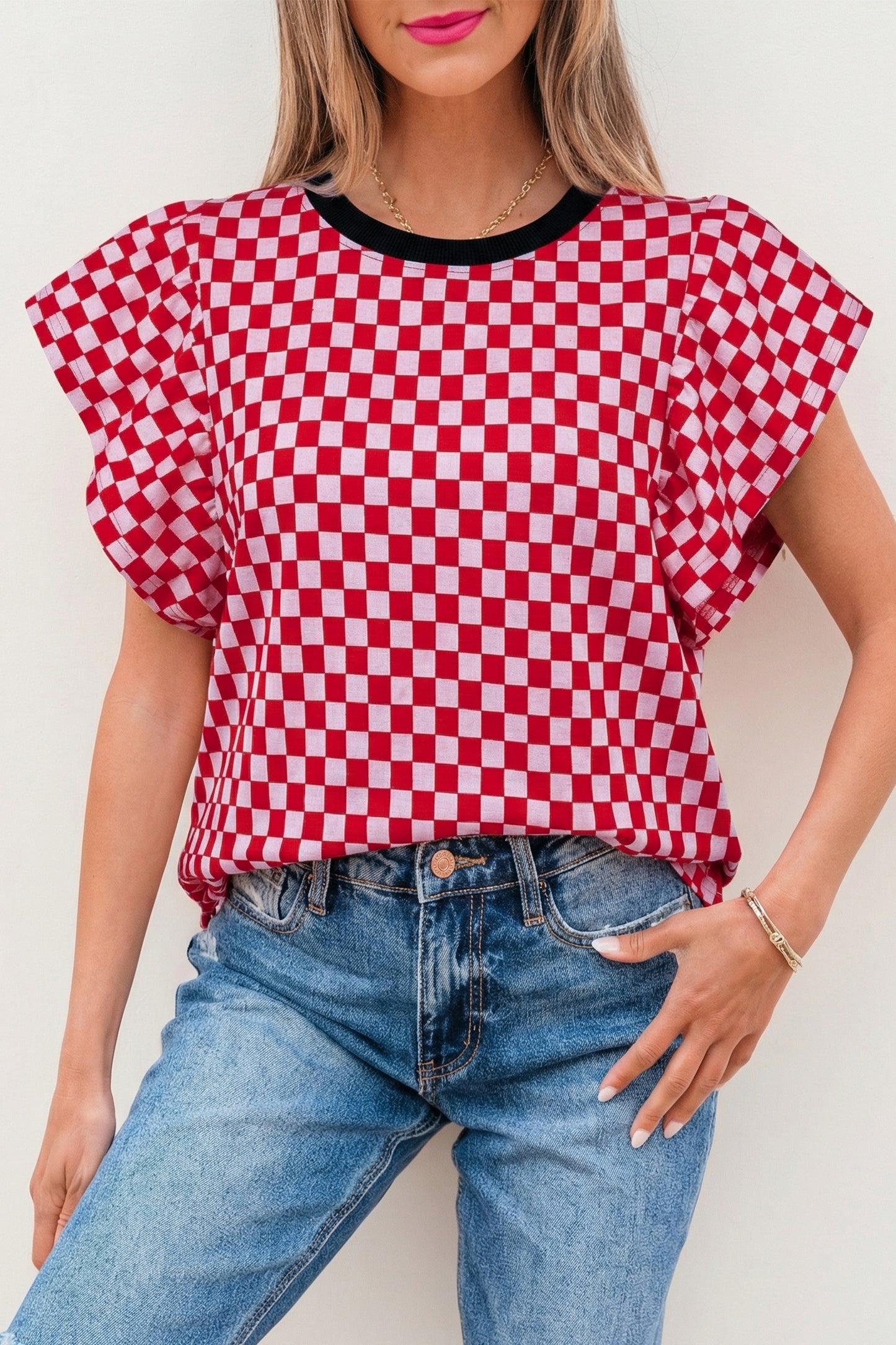 Red Checkered Ruffle Sleeve Top