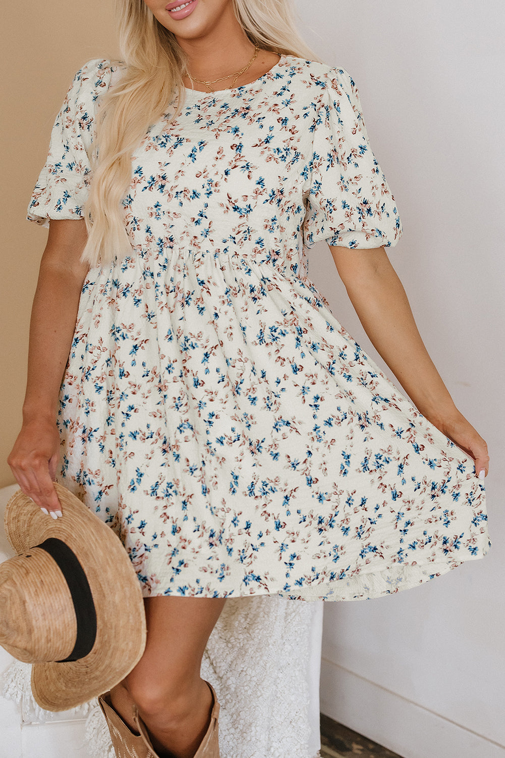 Beige Floral Mini Dress