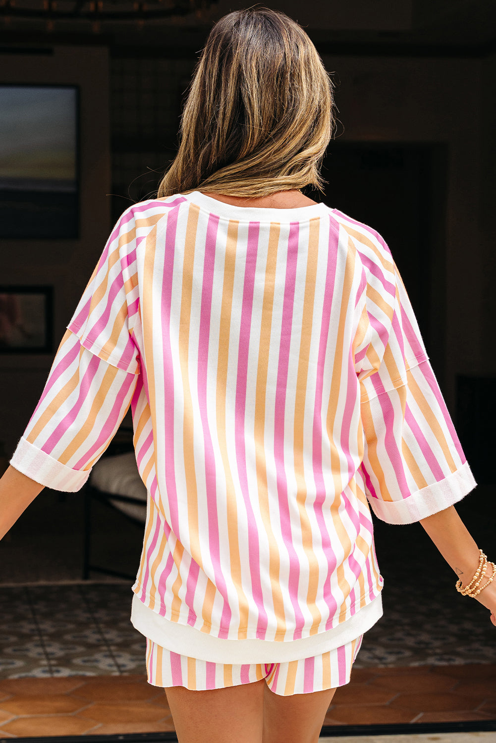 Pink Stripe Shorts Casual Set