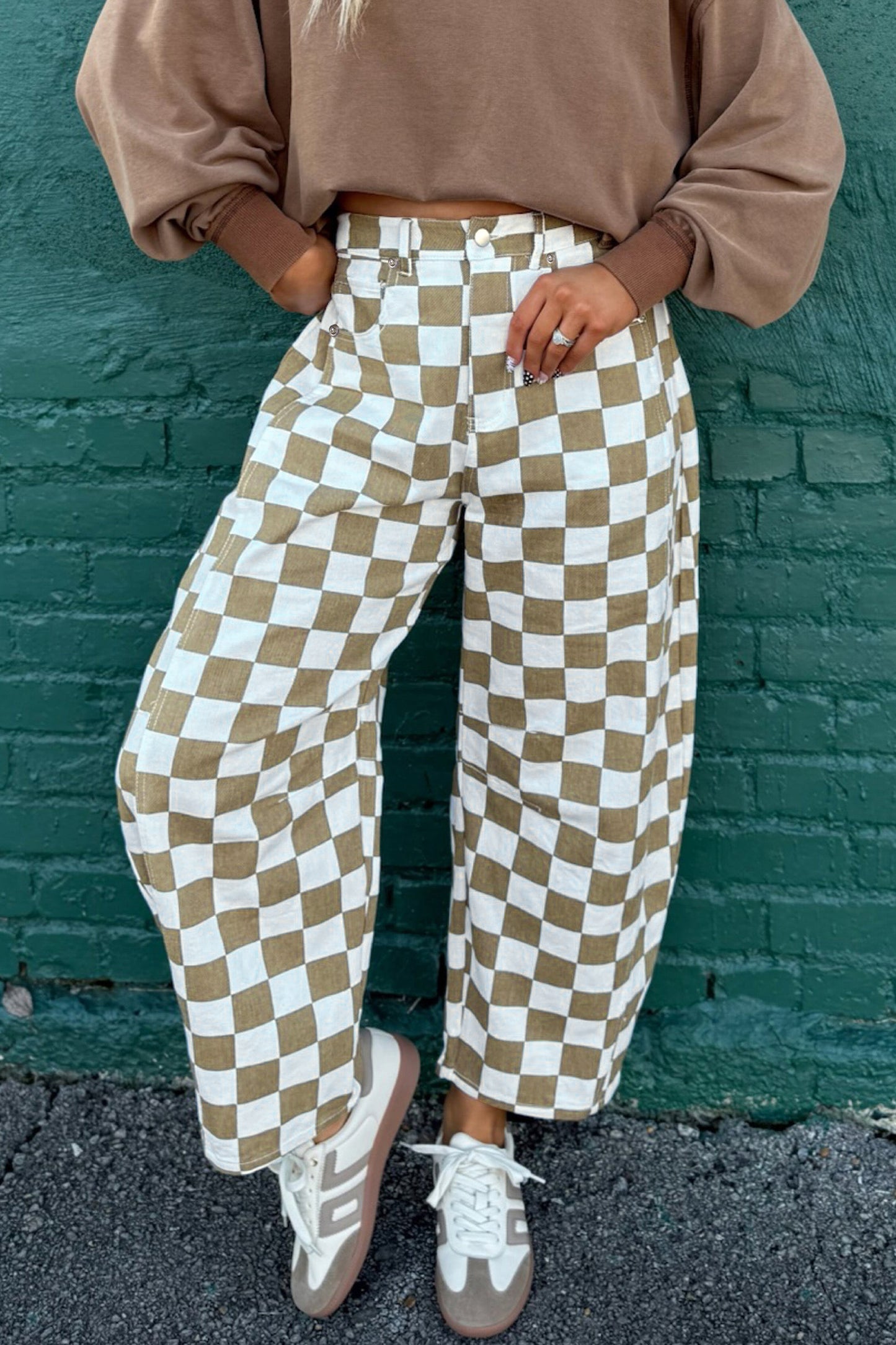 Tan Checkered Print Denim Barrel Pants
