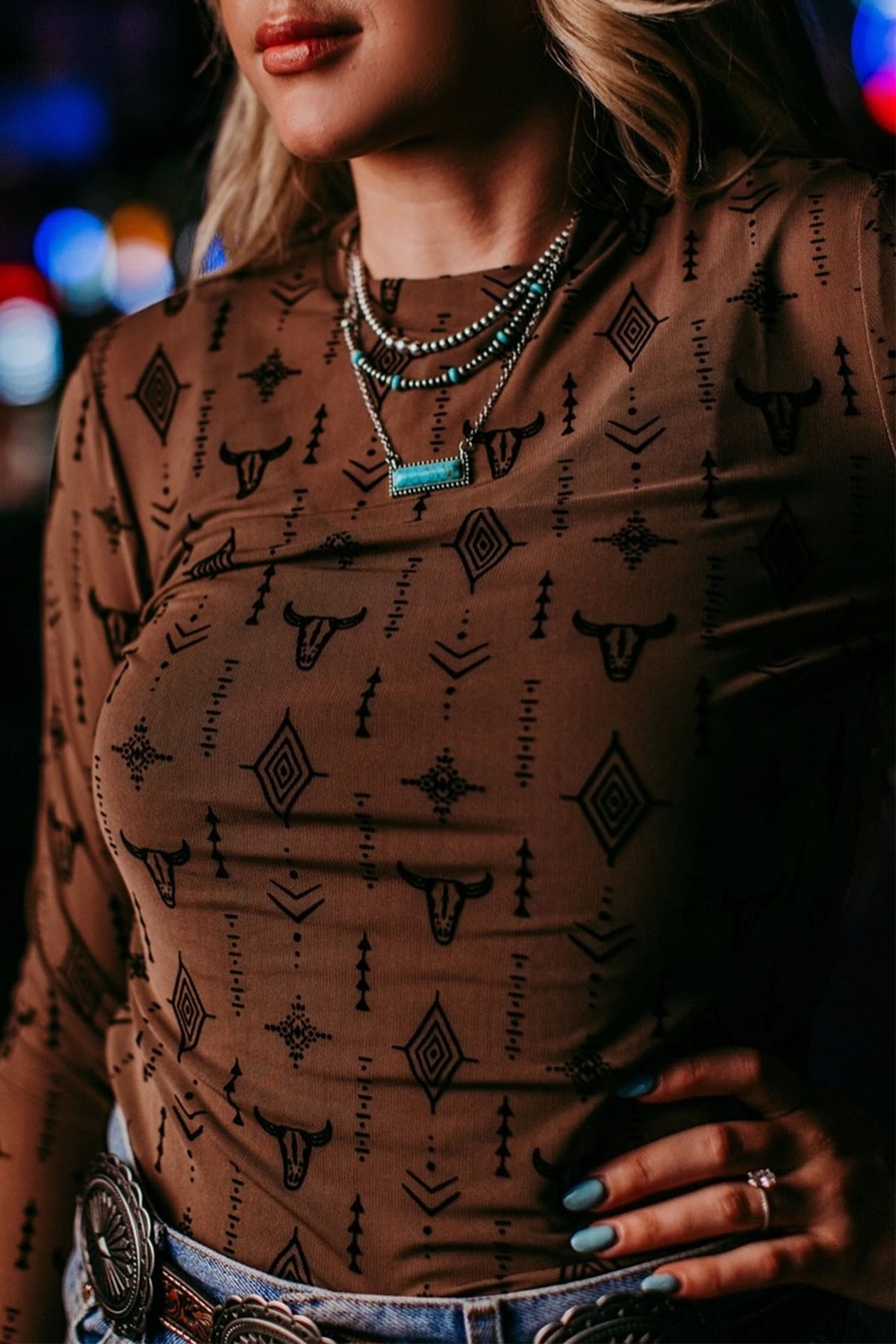 Chestnut Retro Western Print Sheath Top