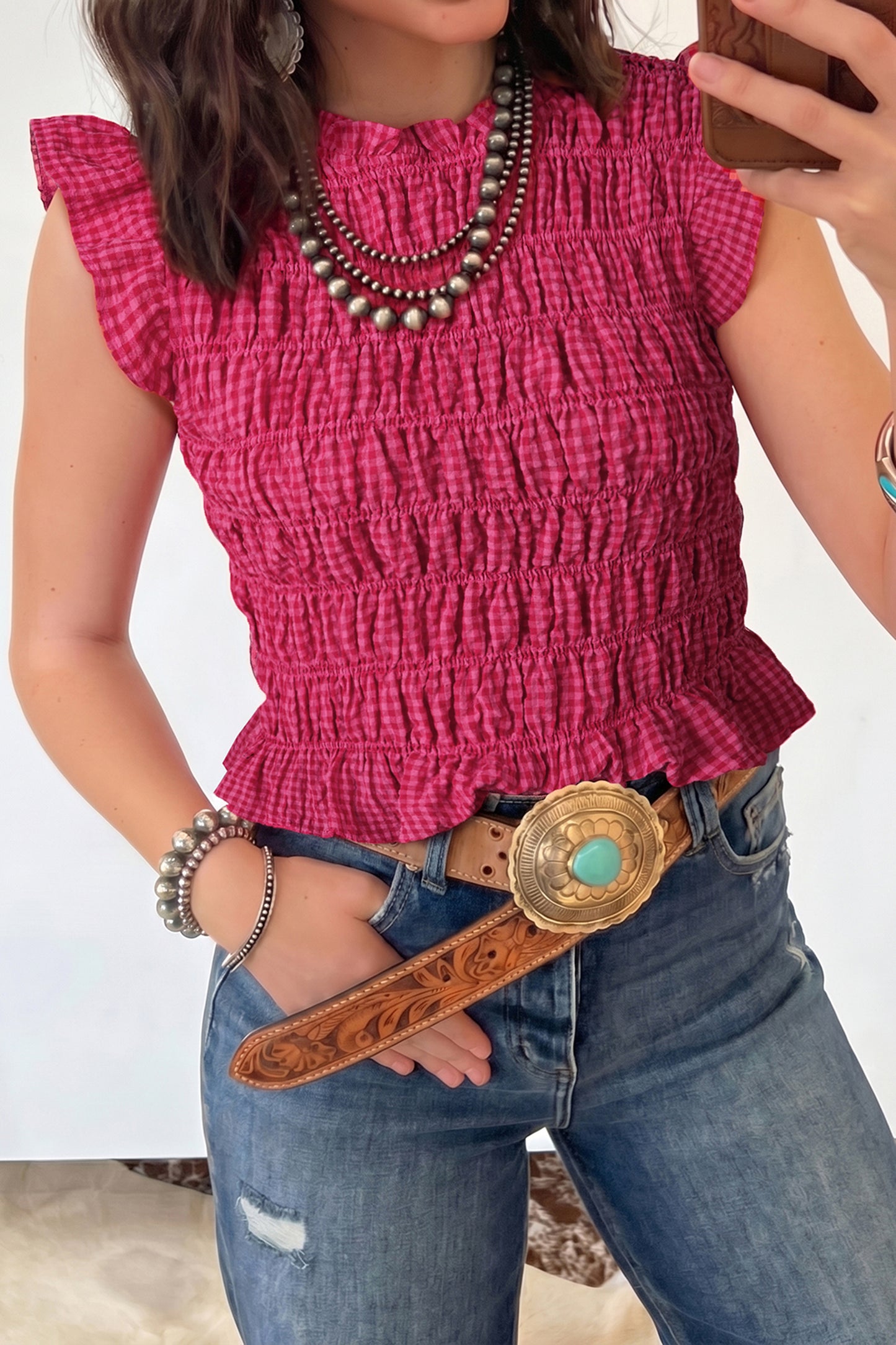 Red Plaid Ruffle Trim Tank Top
