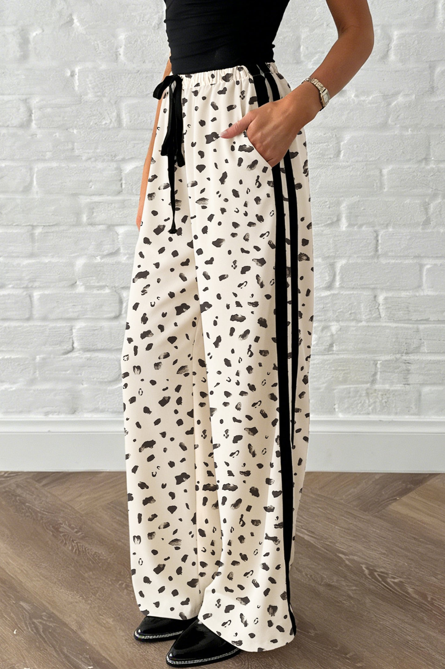 Beige Leopard Print Drawstring Pants