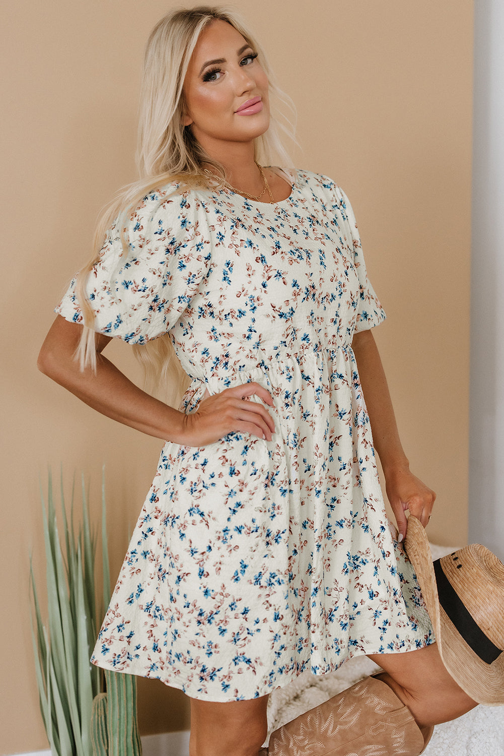 Beige Floral Mini Dress