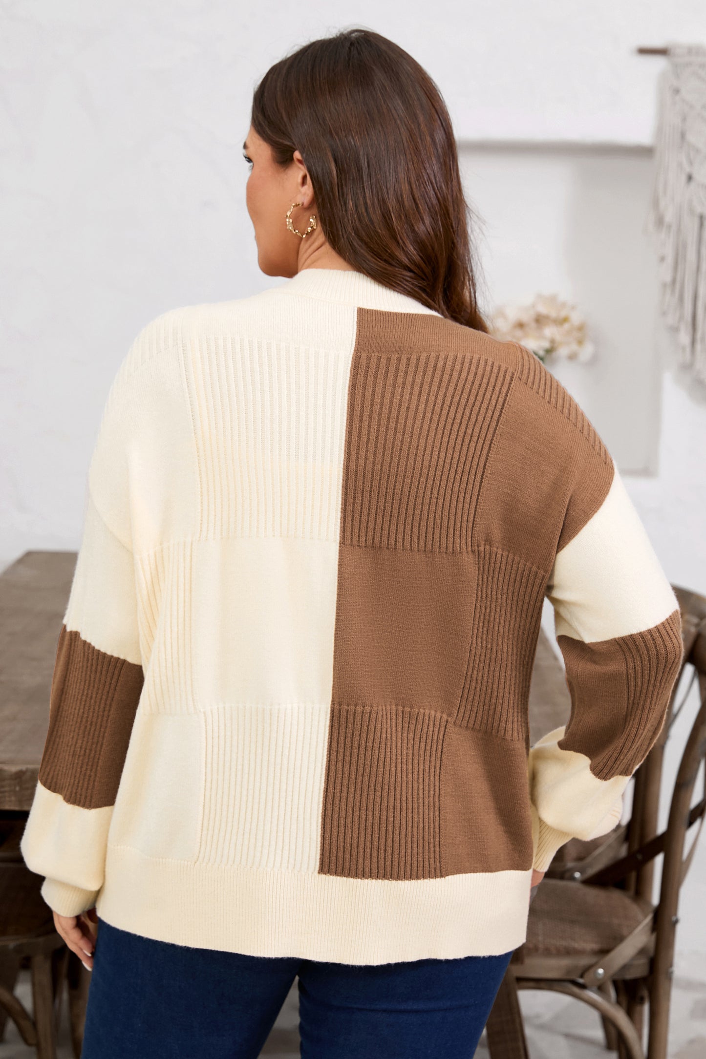 Checkered Ribbed Plus Size Cardigan