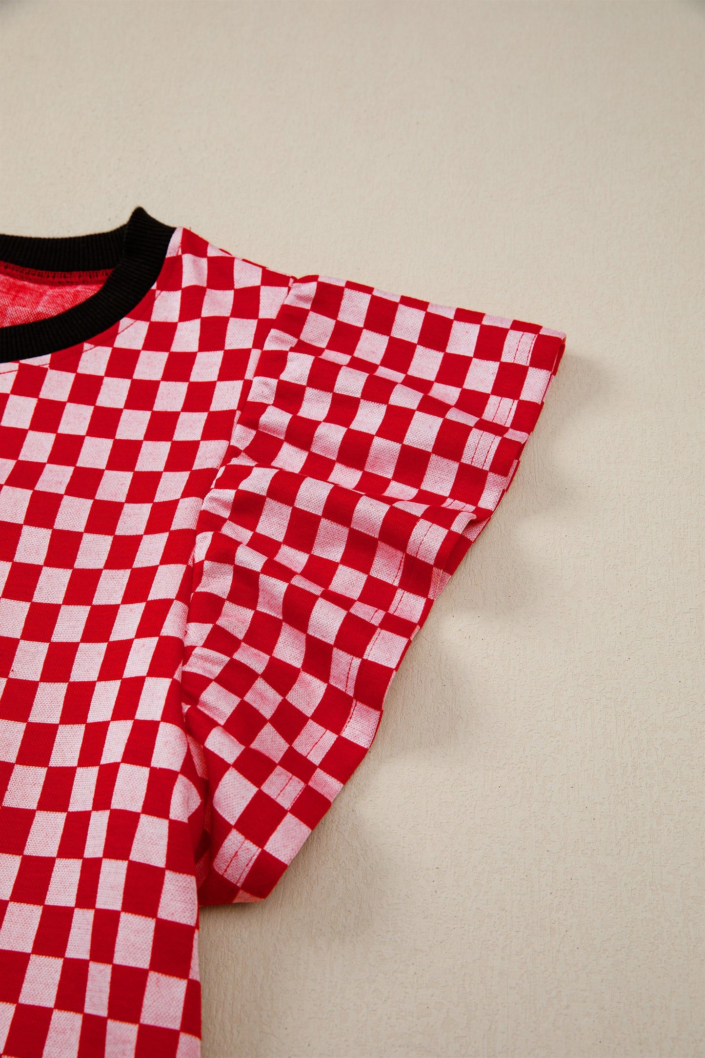 Red Checkered Ruffle Sleeve Top