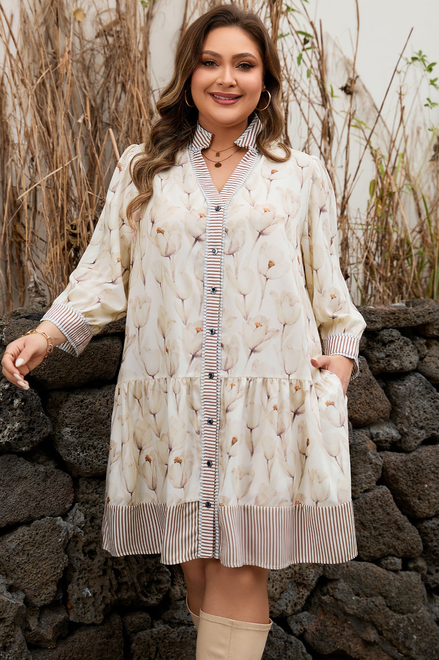 Plus Size Floral Patchwork Button Down A-line Dress