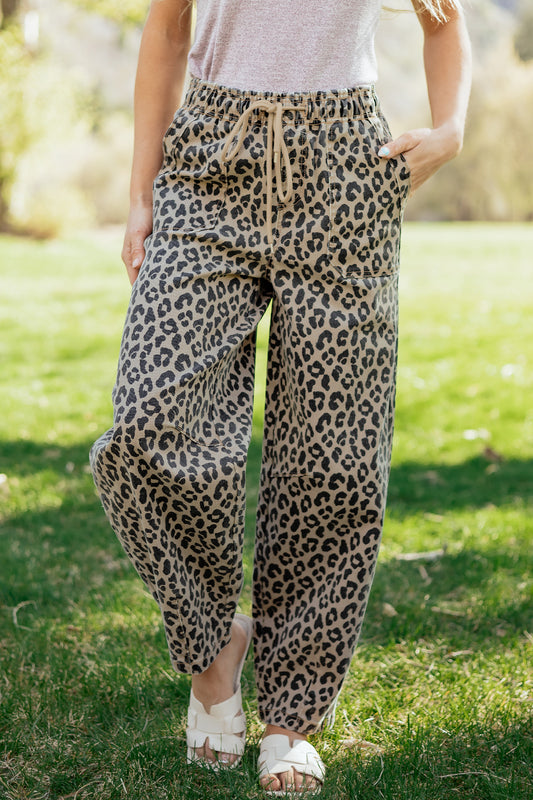 Leopard Print Drawstring Loose Denim Pants