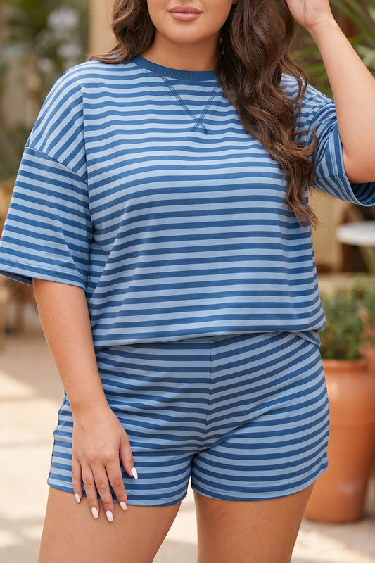 Blue Stripe Plus Size Shorts Set
