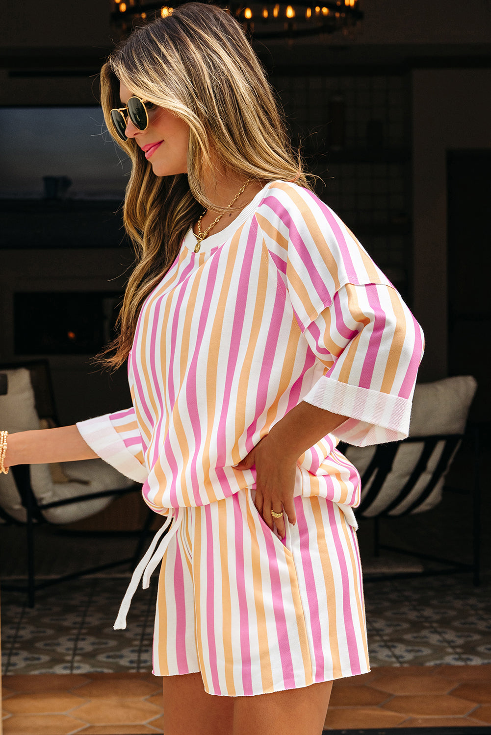 Pink Stripe Shorts Casual Set
