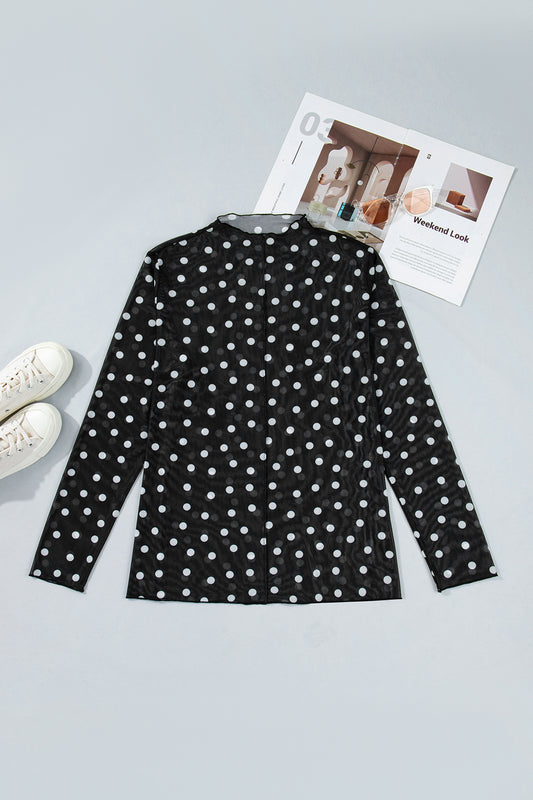 Black Plus Size Mock Neck Polka Dot Long Sleeve Mesh Top
