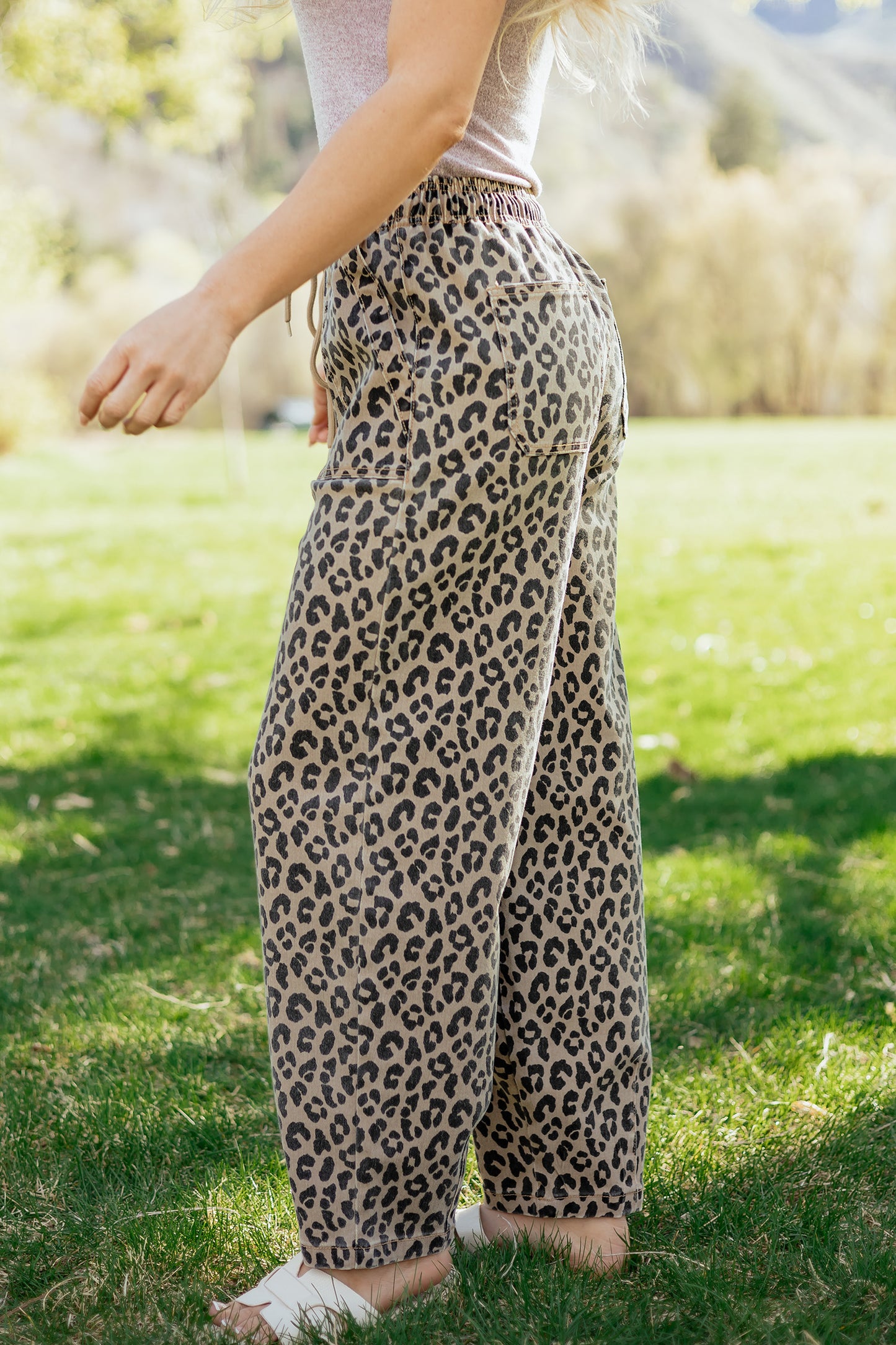 Leopard Print Drawstring Loose Denim Pants