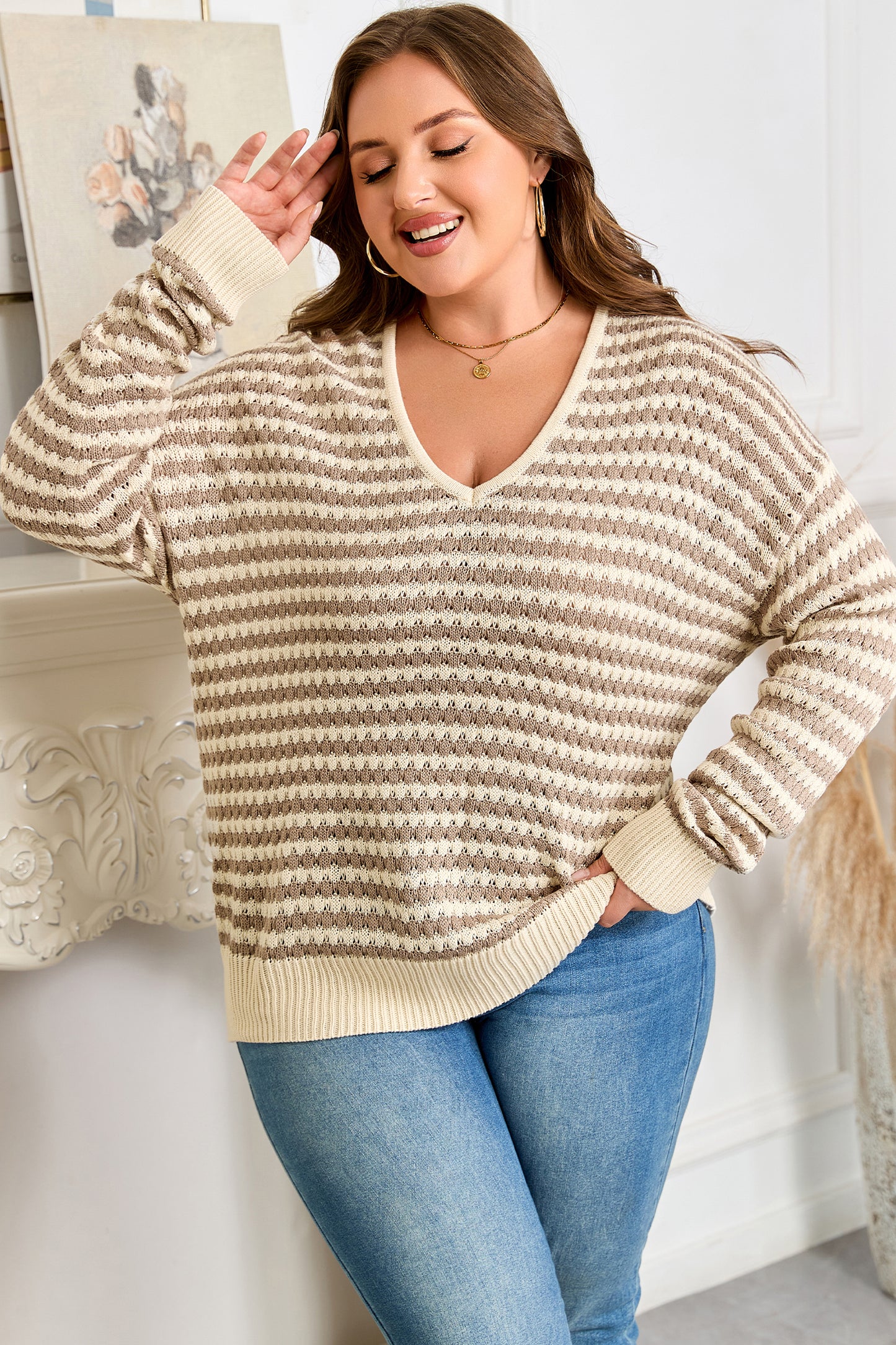 Khaki Stripe Plus Size Sweater