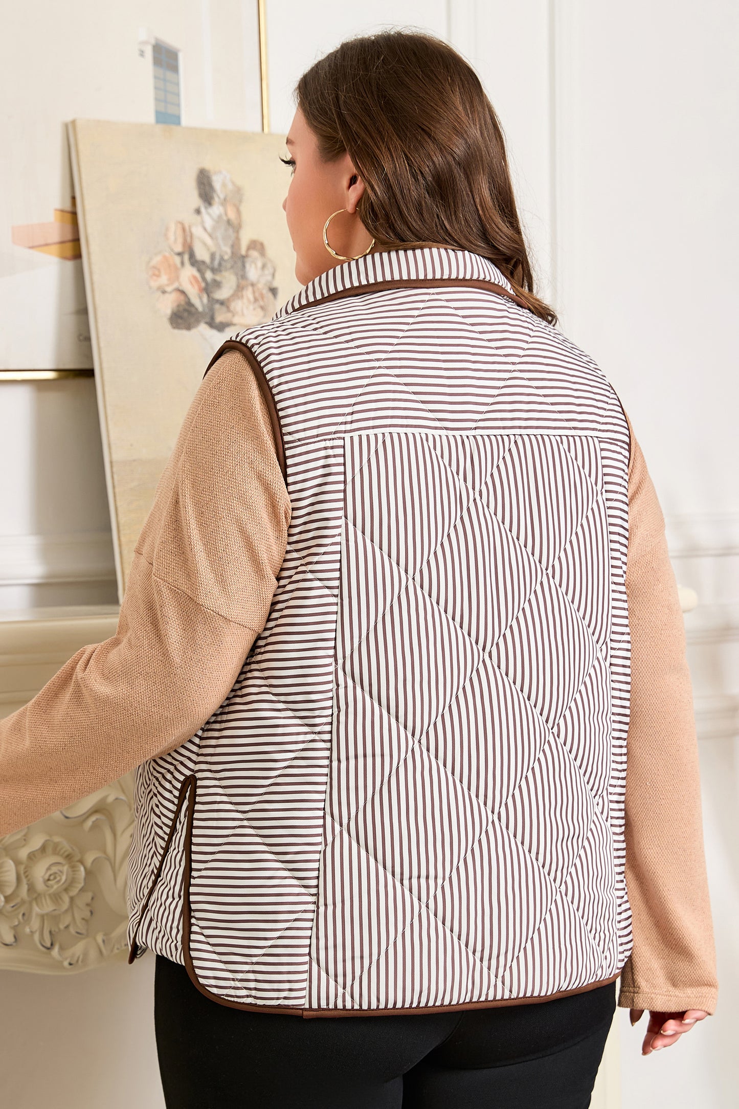 Brown Stripe Quilted Plus Size Vest
