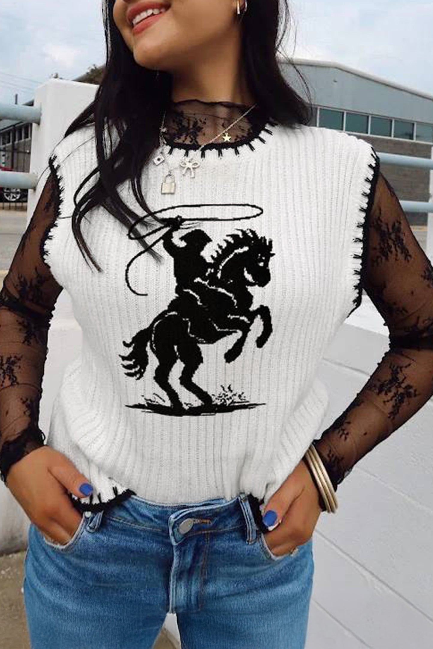 White Contrast Rodeo Sweater Vest