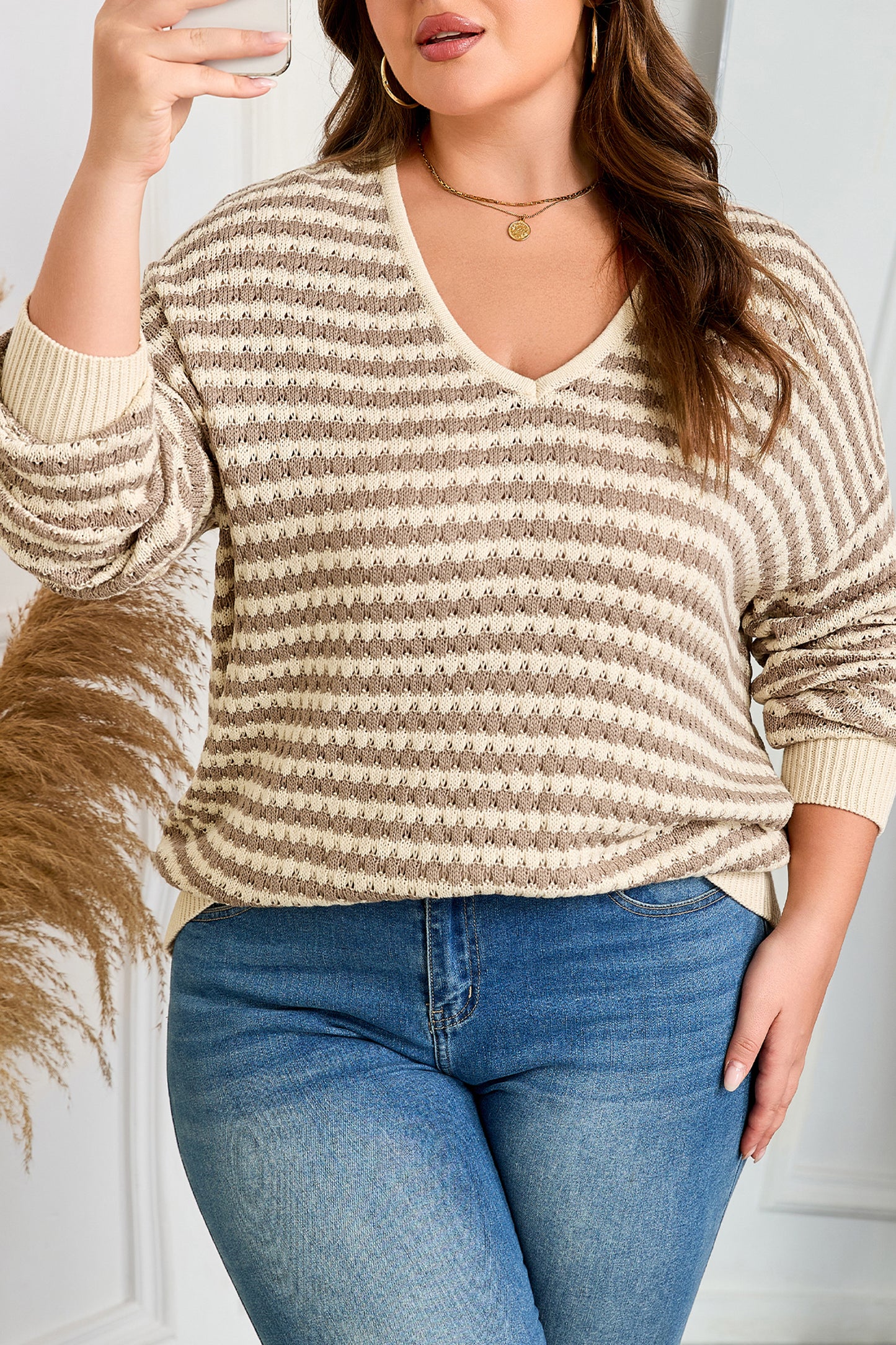 Khaki Stripe Plus Size Sweater