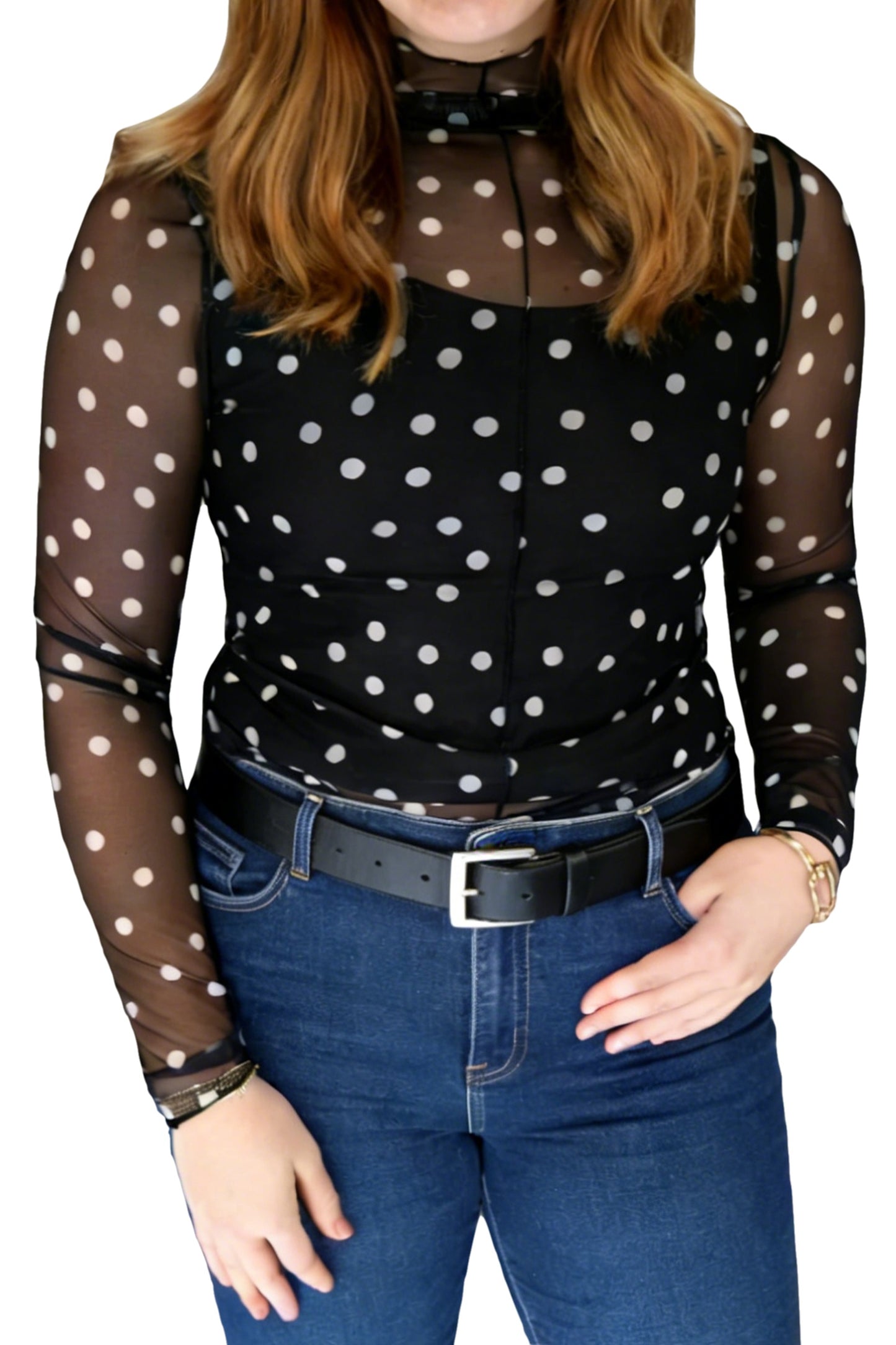 Black Plus Size Mock Neck Polka Dot Long Sleeve Mesh Top