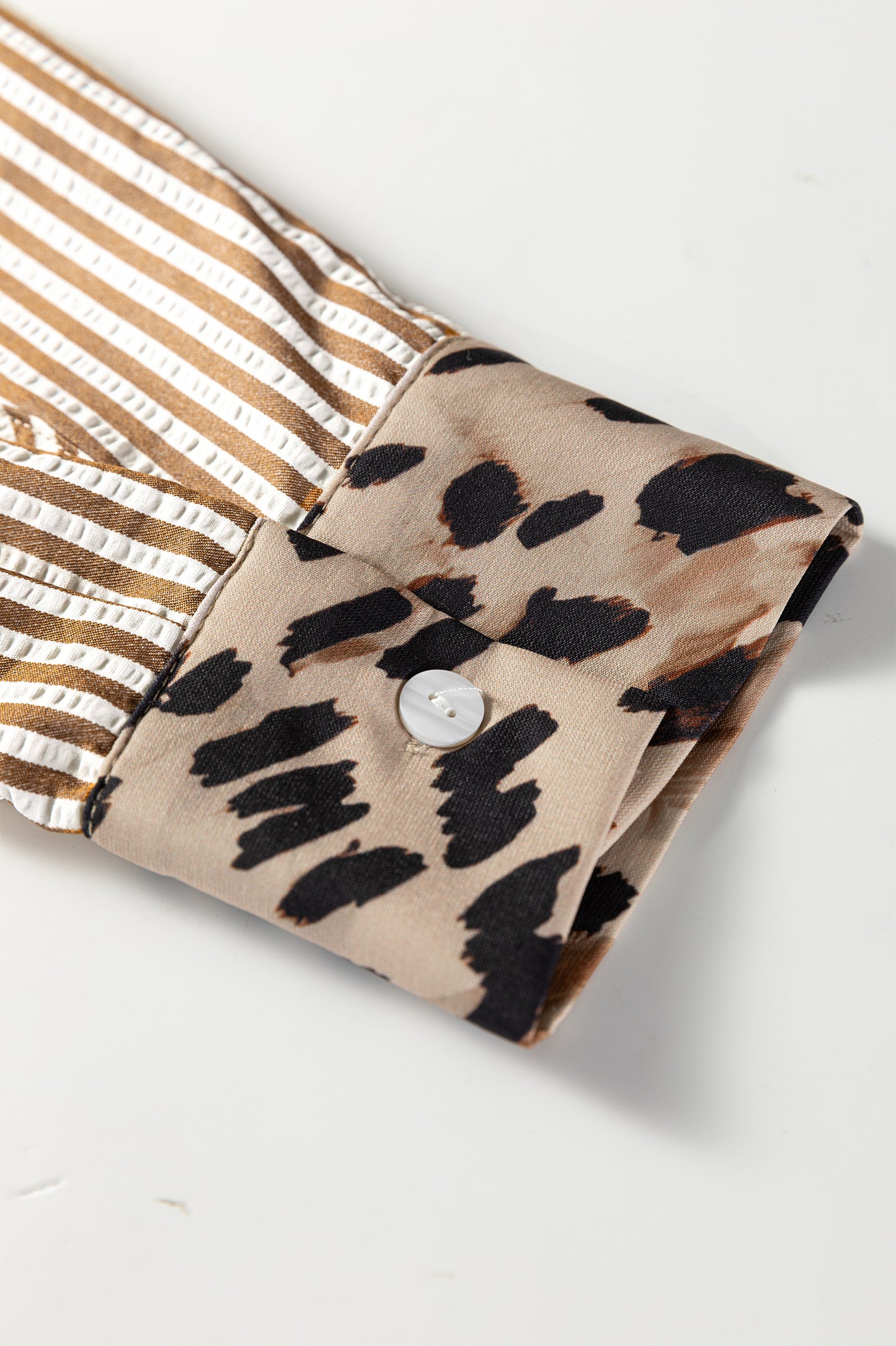 Brown Stripe Leopard Patched Collared Plus Size Shirt