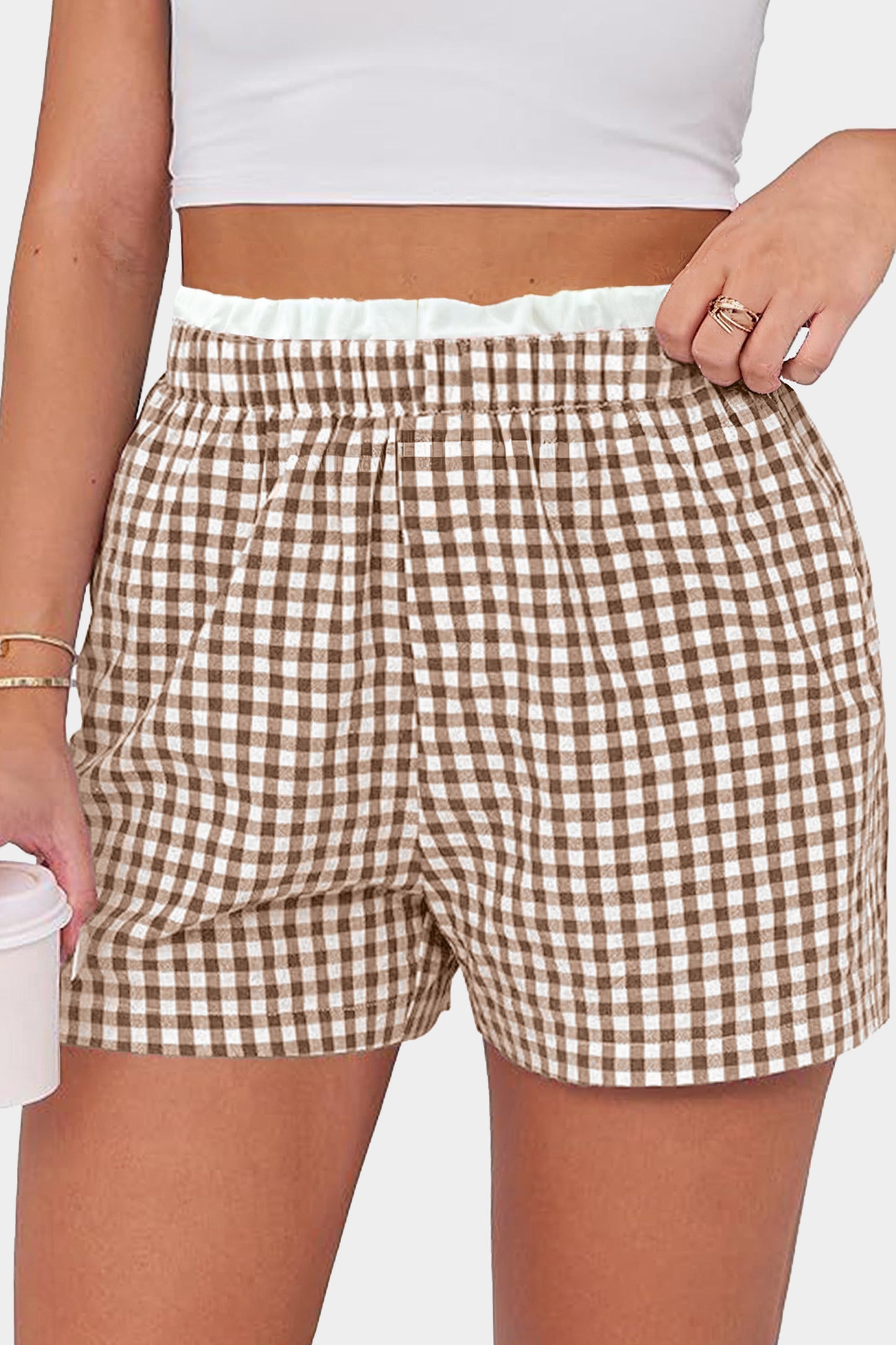 Khaki Contrast Trim Plaid Print Plus Size Shorts