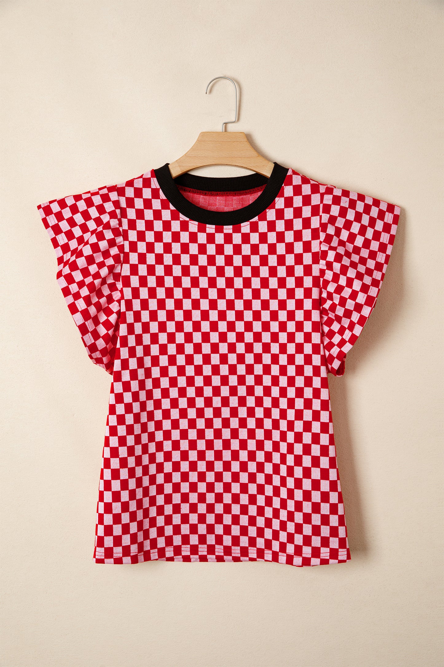 Red Checkered Ruffle Sleeve Top