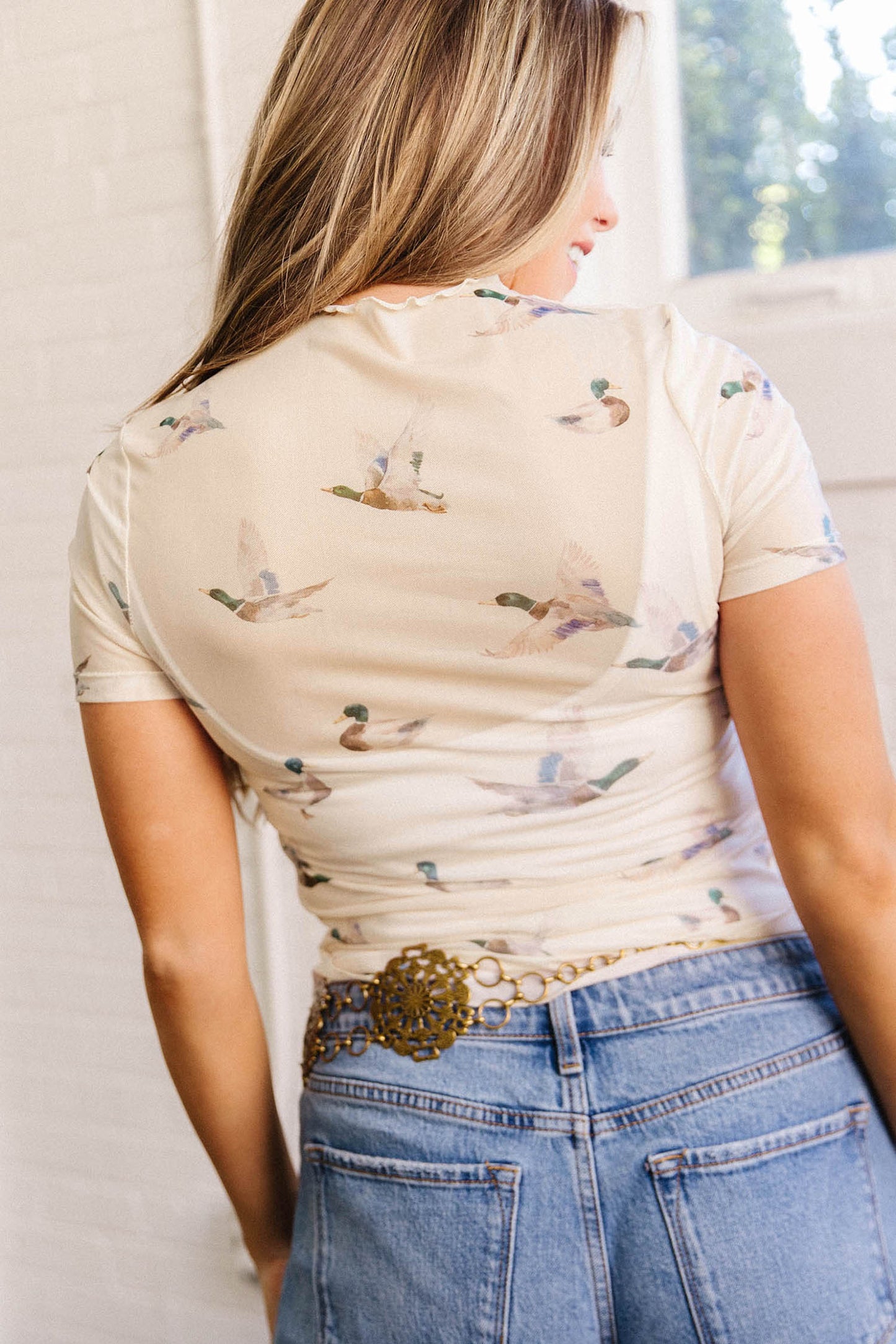 Beige Mallard Sheer Mesh Short Sleeve Top