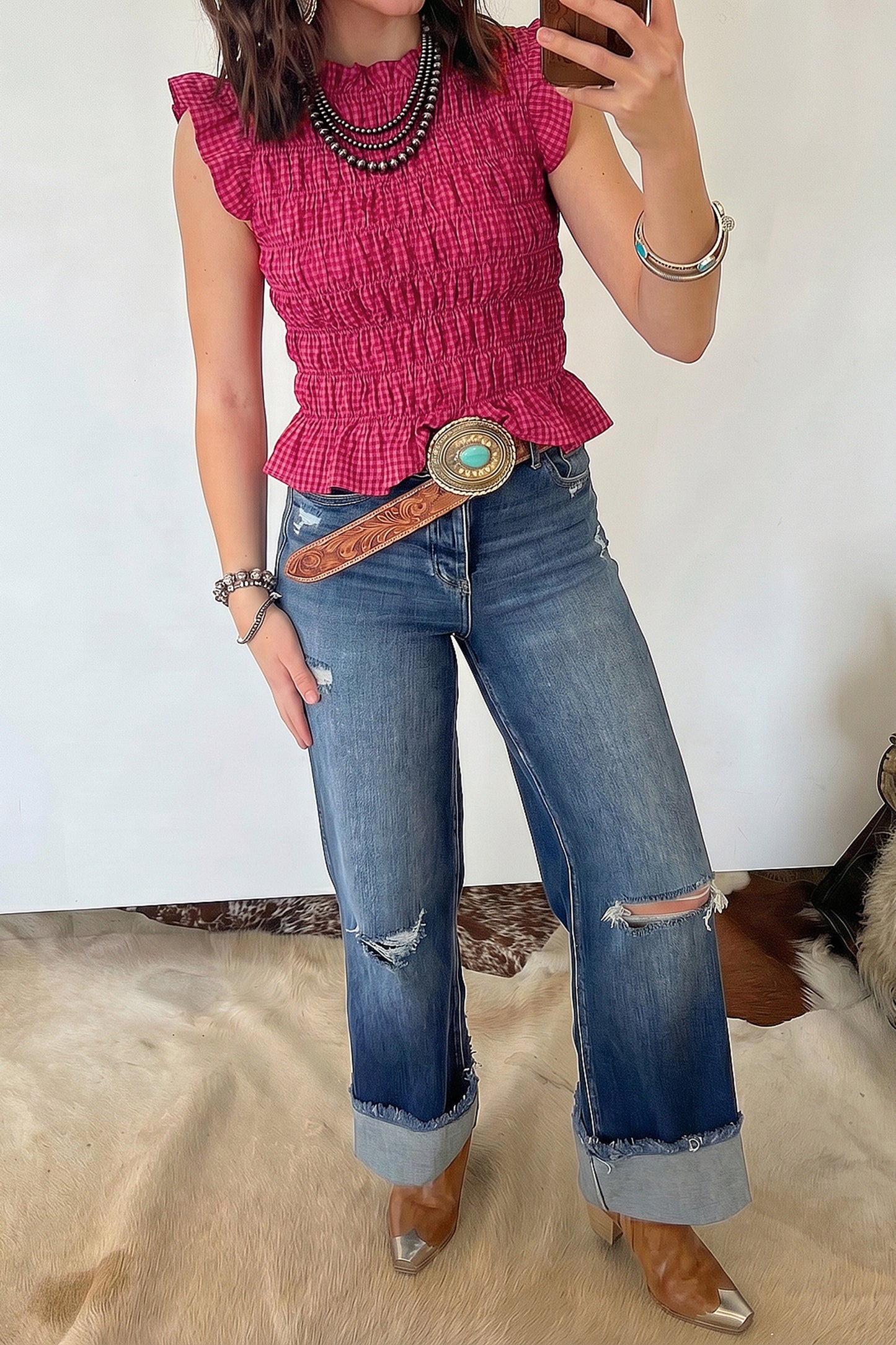 Red Plaid Ruffle Trim Tank Top