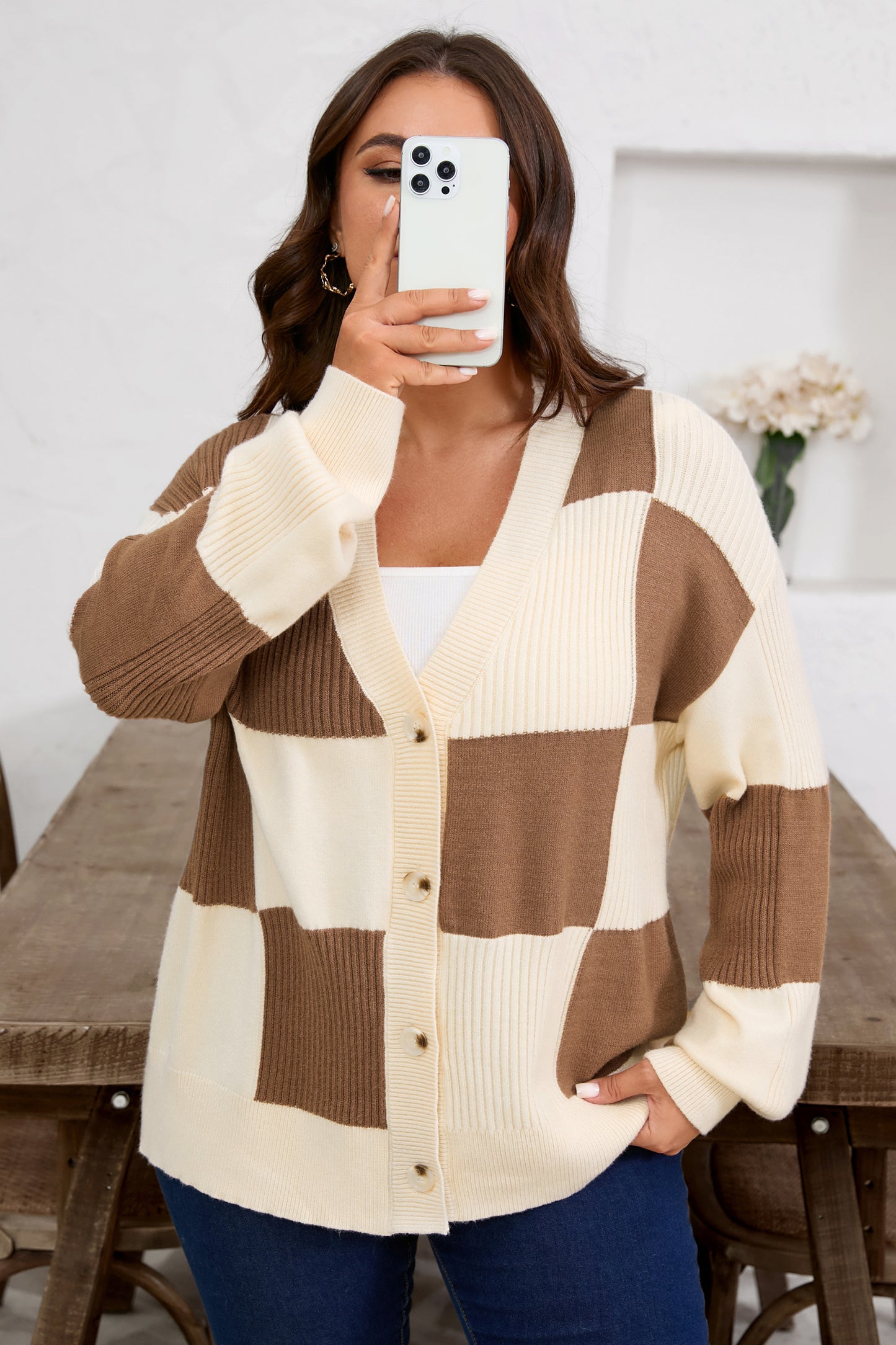 Checkered Ribbed Plus Size Cardigan