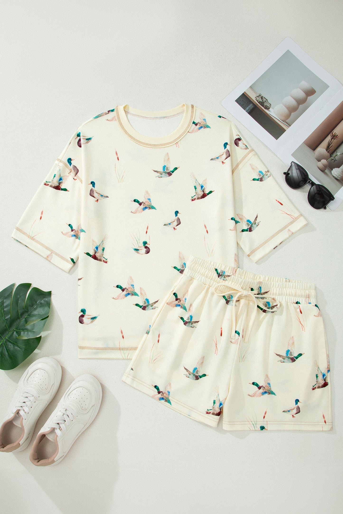 Beige Mallard Duck Print Oversized Tee Drawstring Short Set