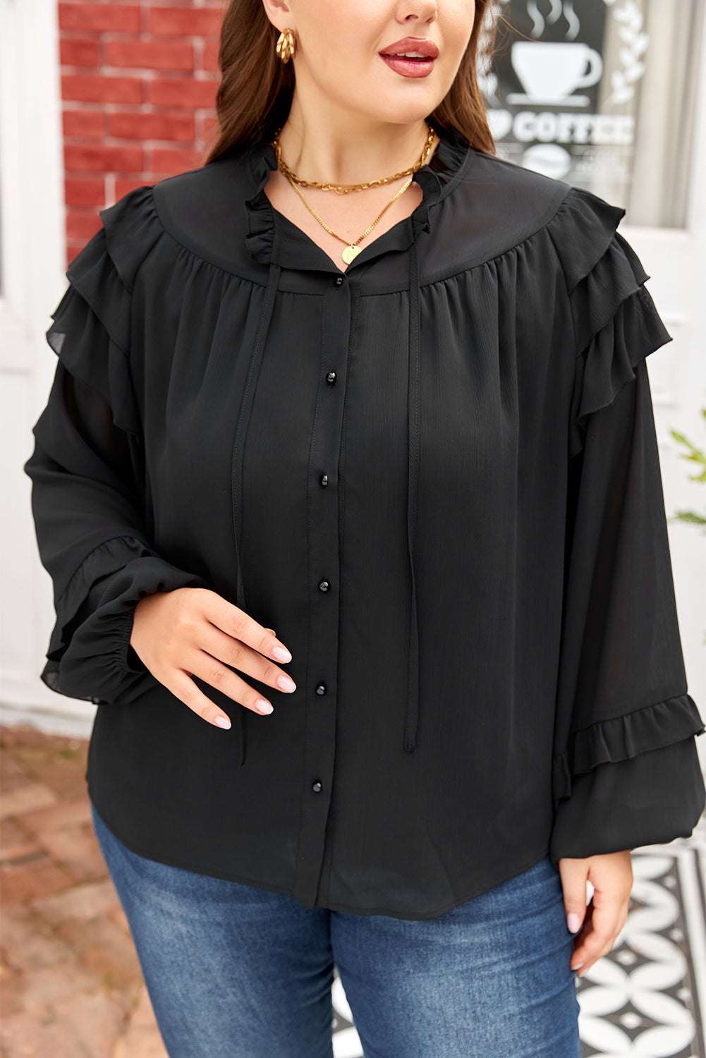 Black Ruffle Sleeve Chiffon Size Shirt