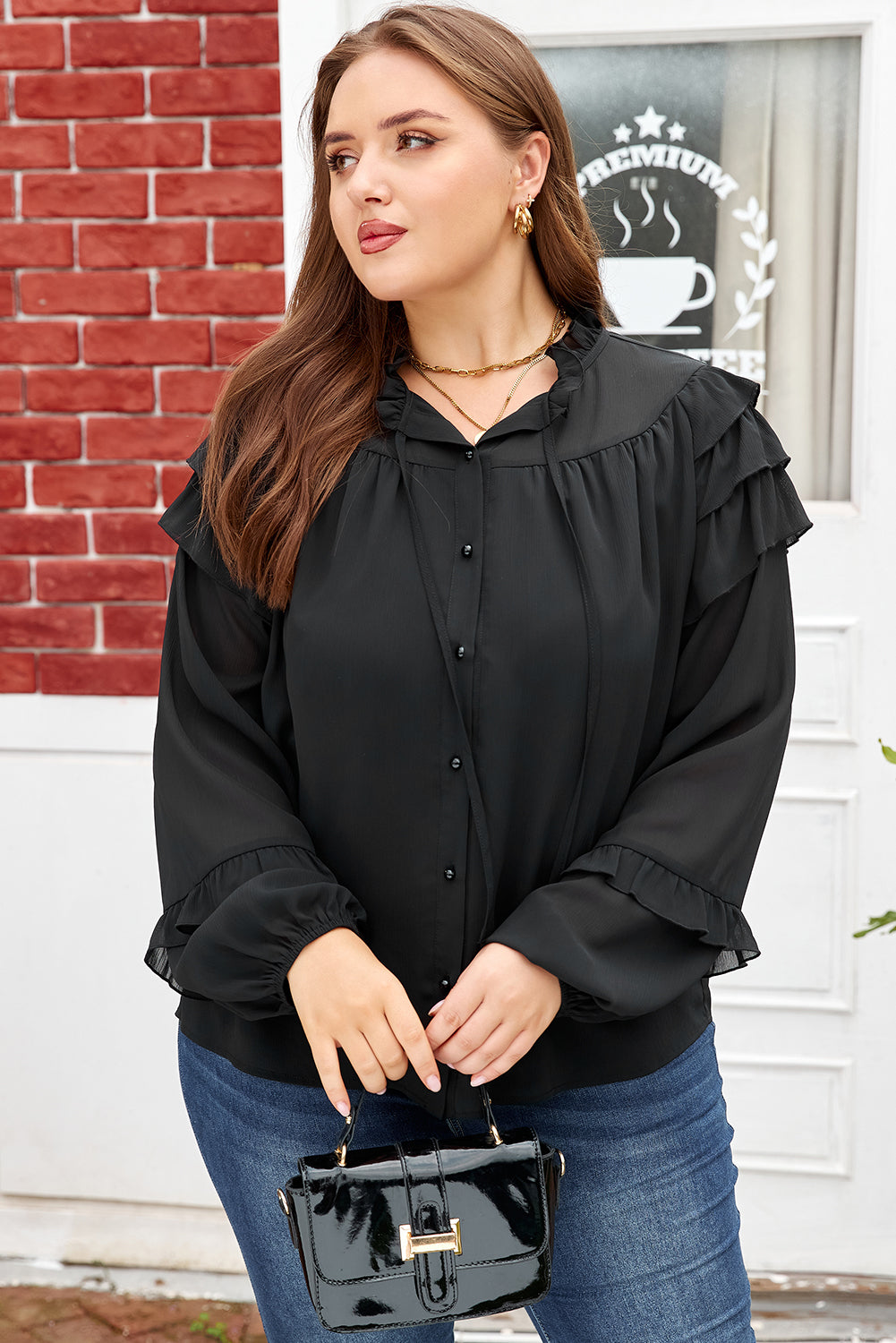 Black Ruffle Sleeve Chiffon Size Shirt