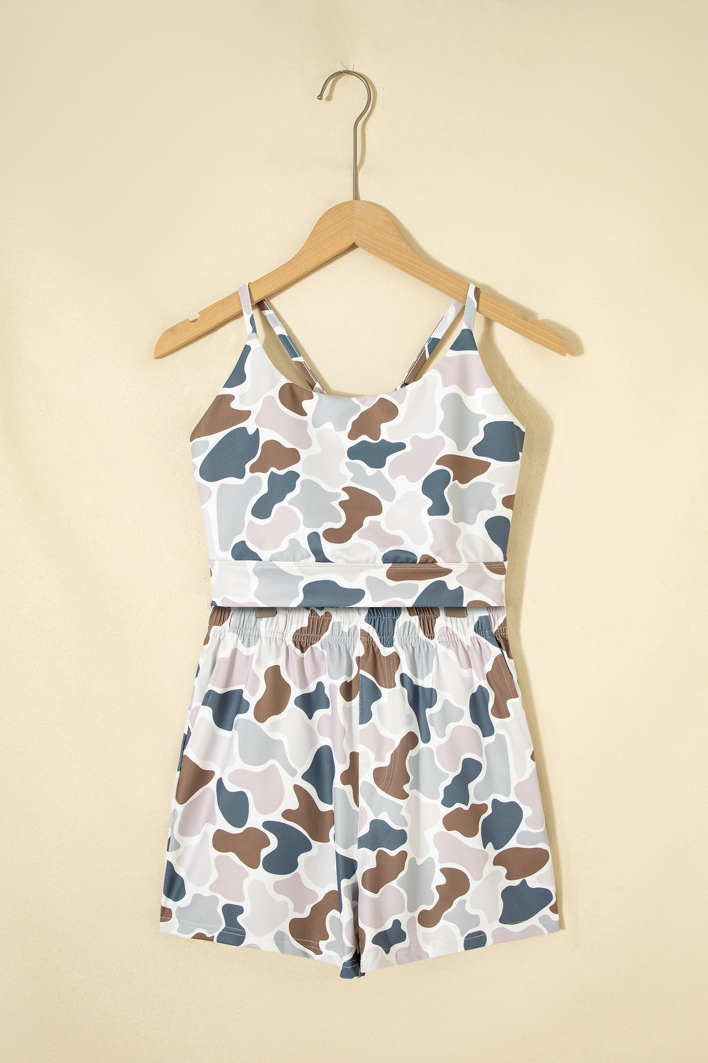 Multicolour Camouflage Printed Cropped Tank Athleisure 2pcs Short Set