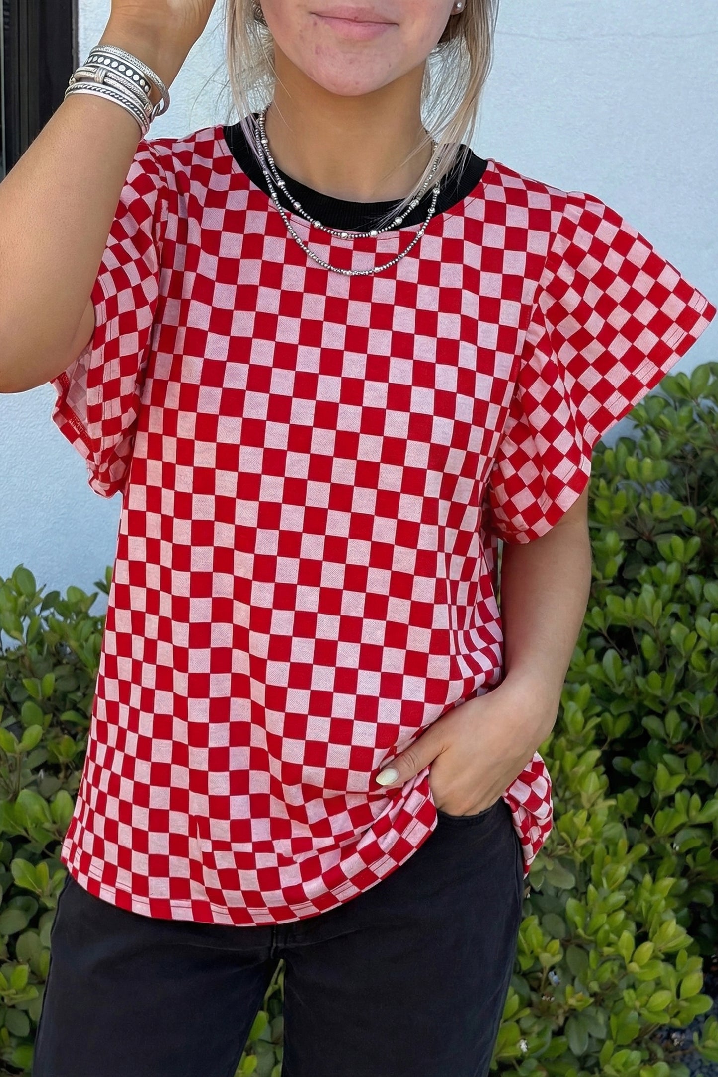Red Checkered Ruffle Sleeve Top