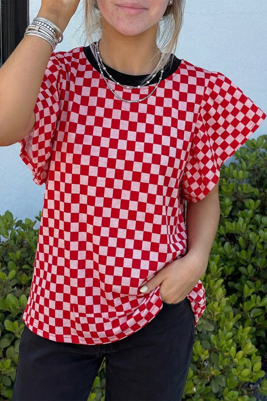 Red Checkered Ruffle Sleeve Top
